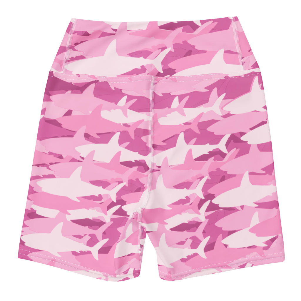 Women’s pink and white shark camouflage high waisted buttery soft yoga shorts ideal for active wear