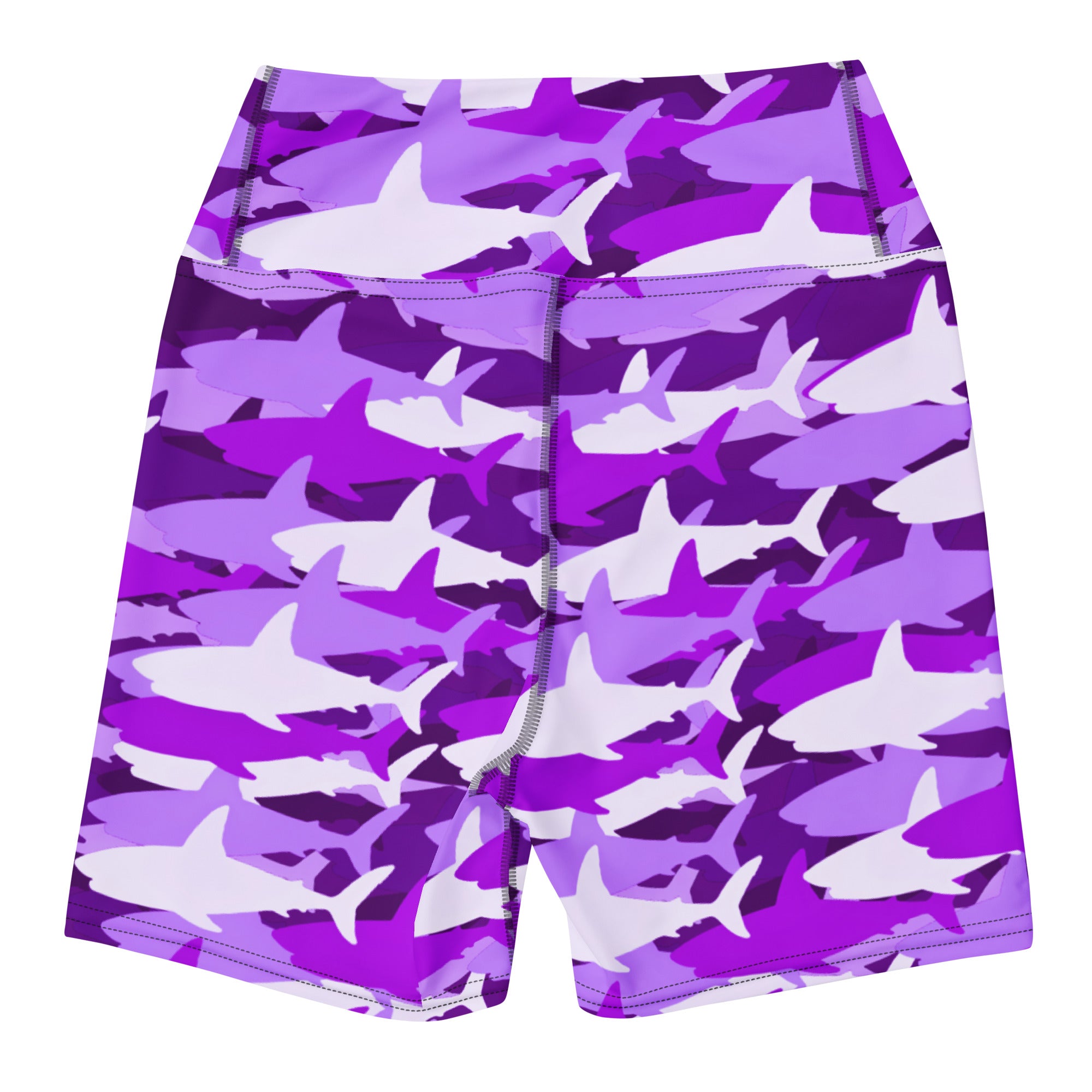 Women’s purple and white shark camouflage high waisted buttery soft yoga shorts for activewear