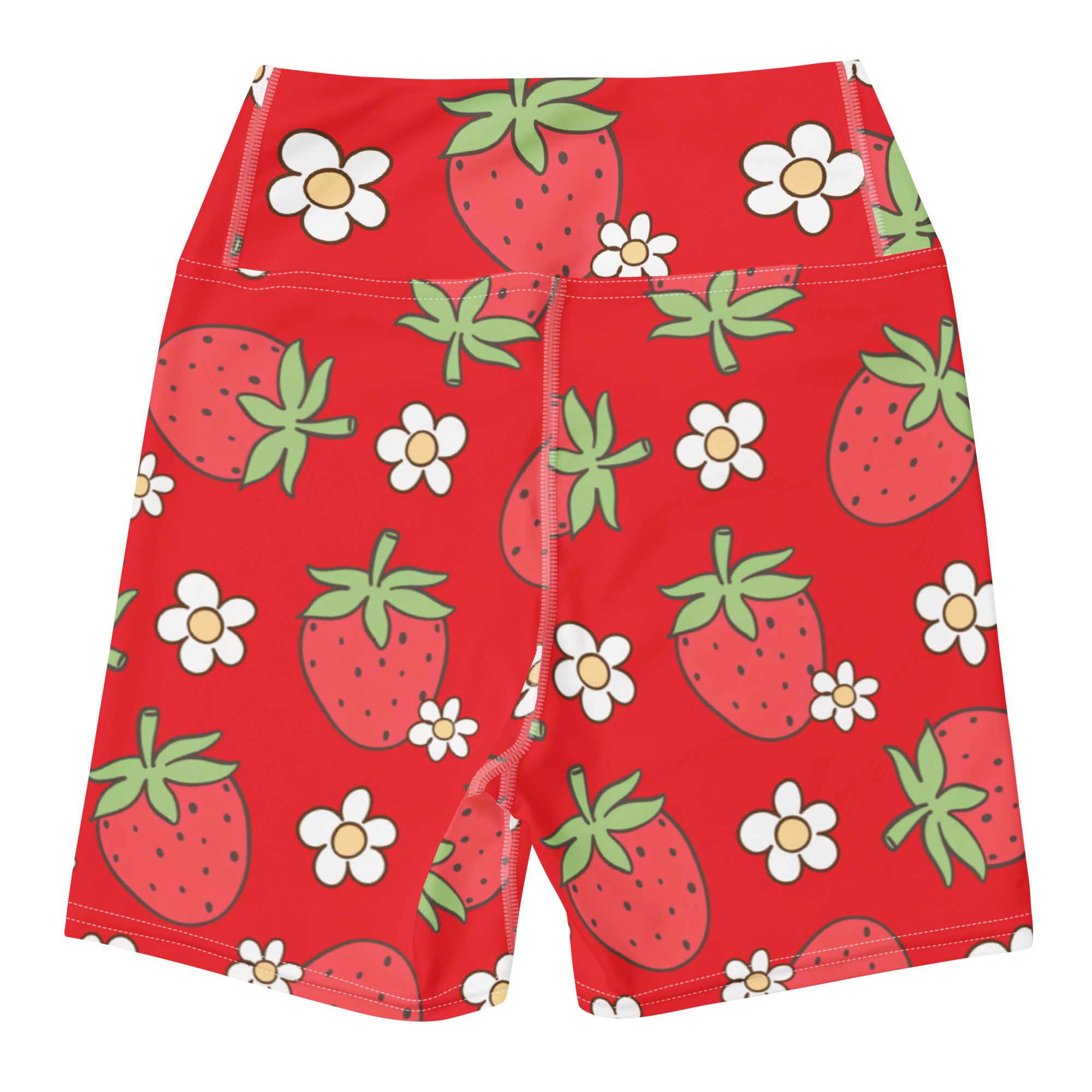 Women’s high waisted buttery soft red yoga shorts with playful cartoon strawberries and white daisies pattern