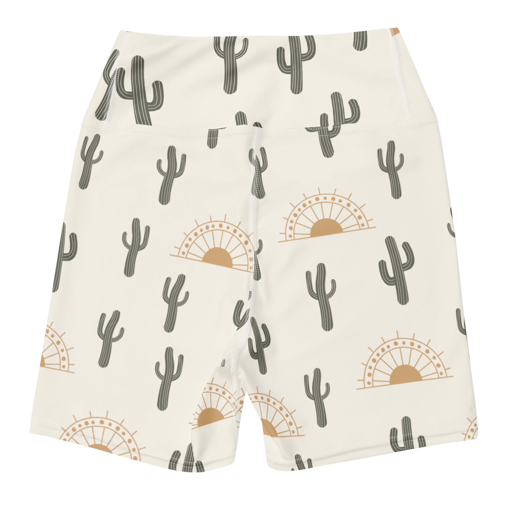 Women’s cream-colored high waisted buttery soft yoga shorts with gray cactus and tan sunset pattern