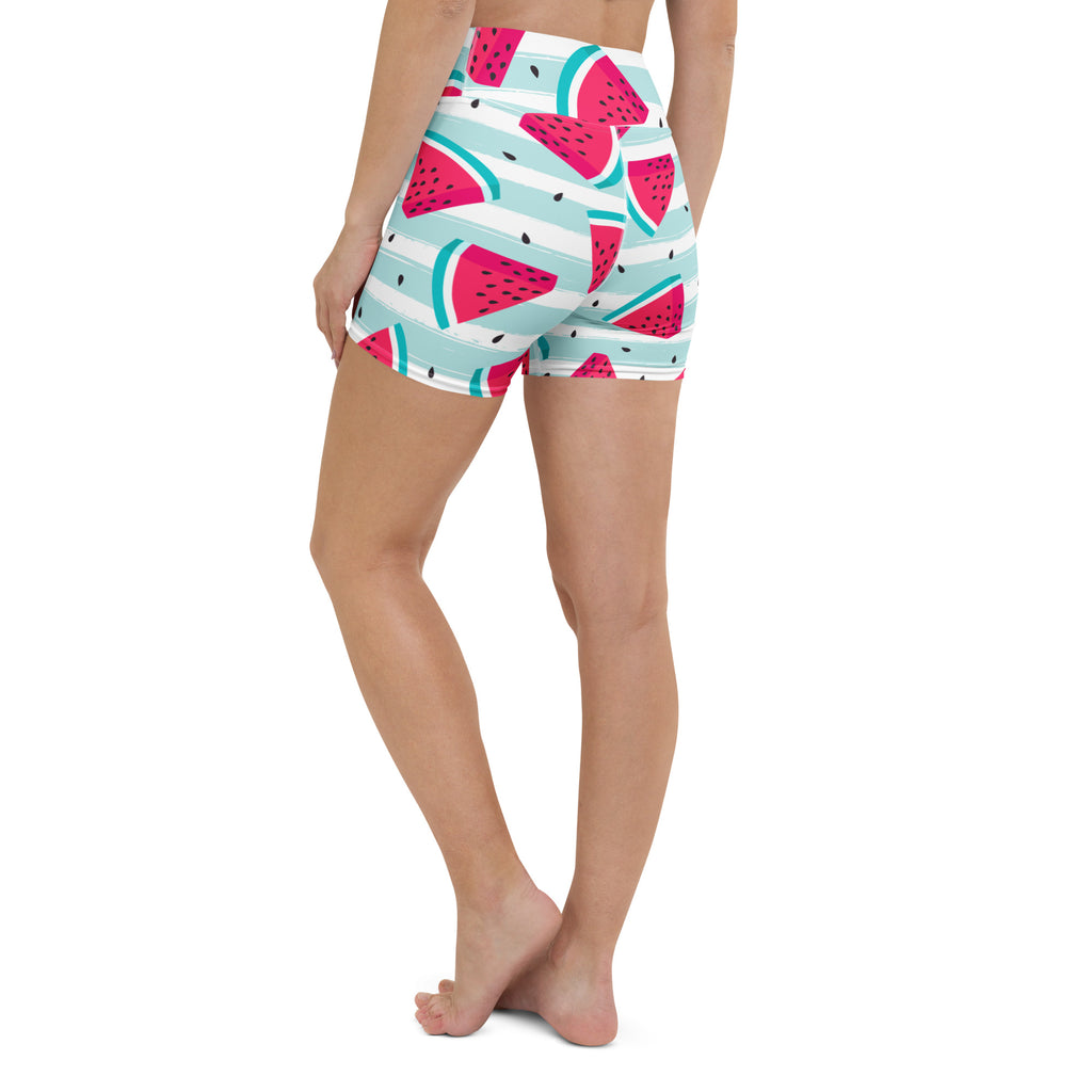 Women’s watermelon stripe high waisted yoga shorts with mint green and white stripes in buttery soft fabric