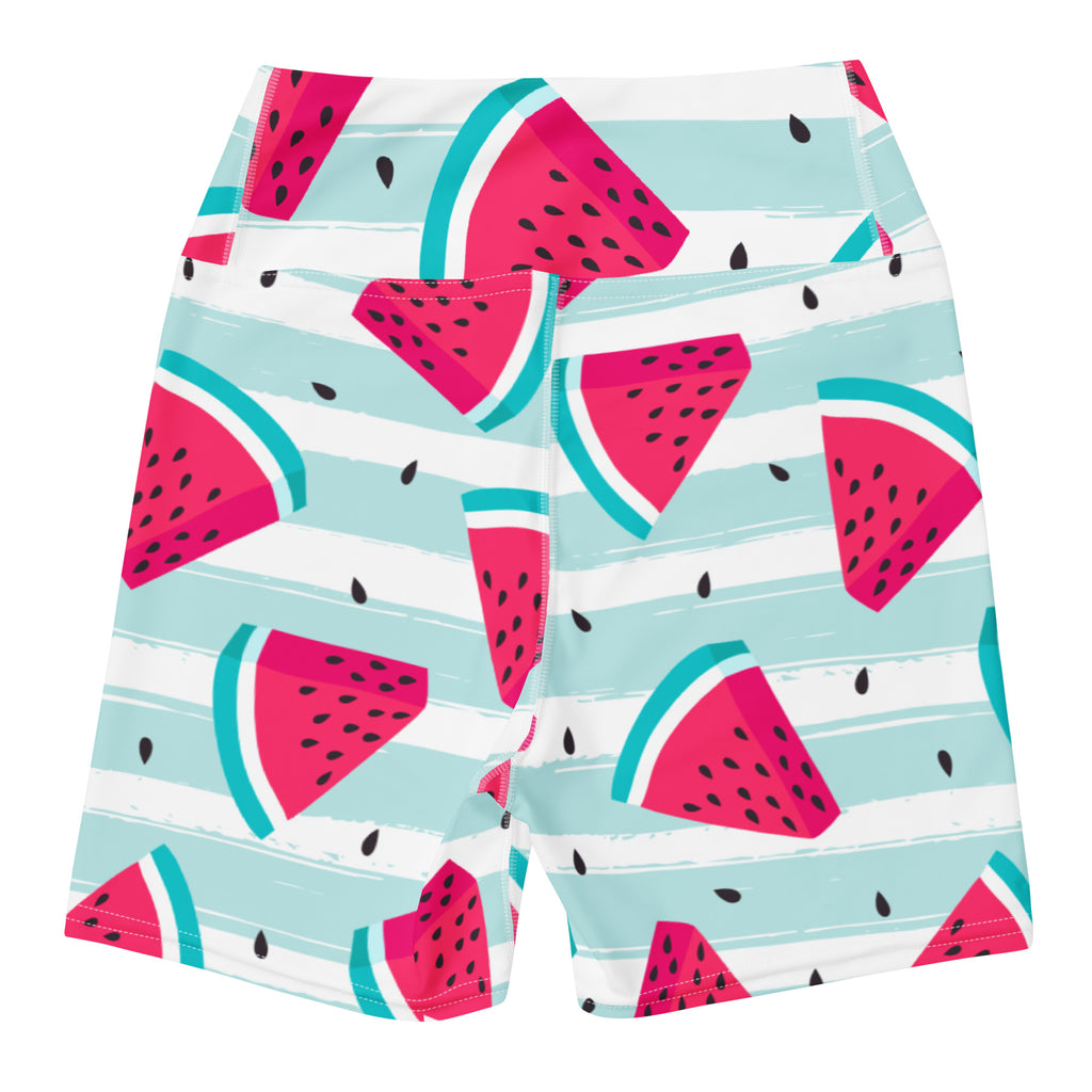 Women’s watermelon stripe yoga shorts with a vibrant pink and teal pattern on light blue buttery soft fabric