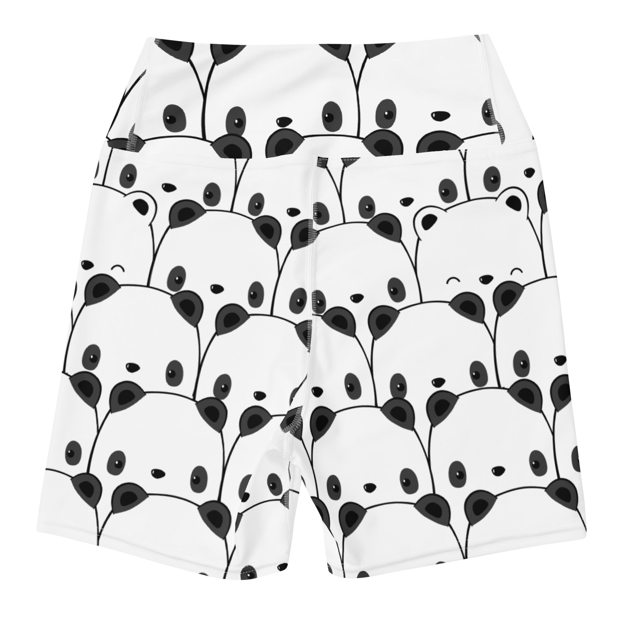 White women’s panda yoga shorts with high waisted buttery soft fabric and black and white cartoon panda pattern