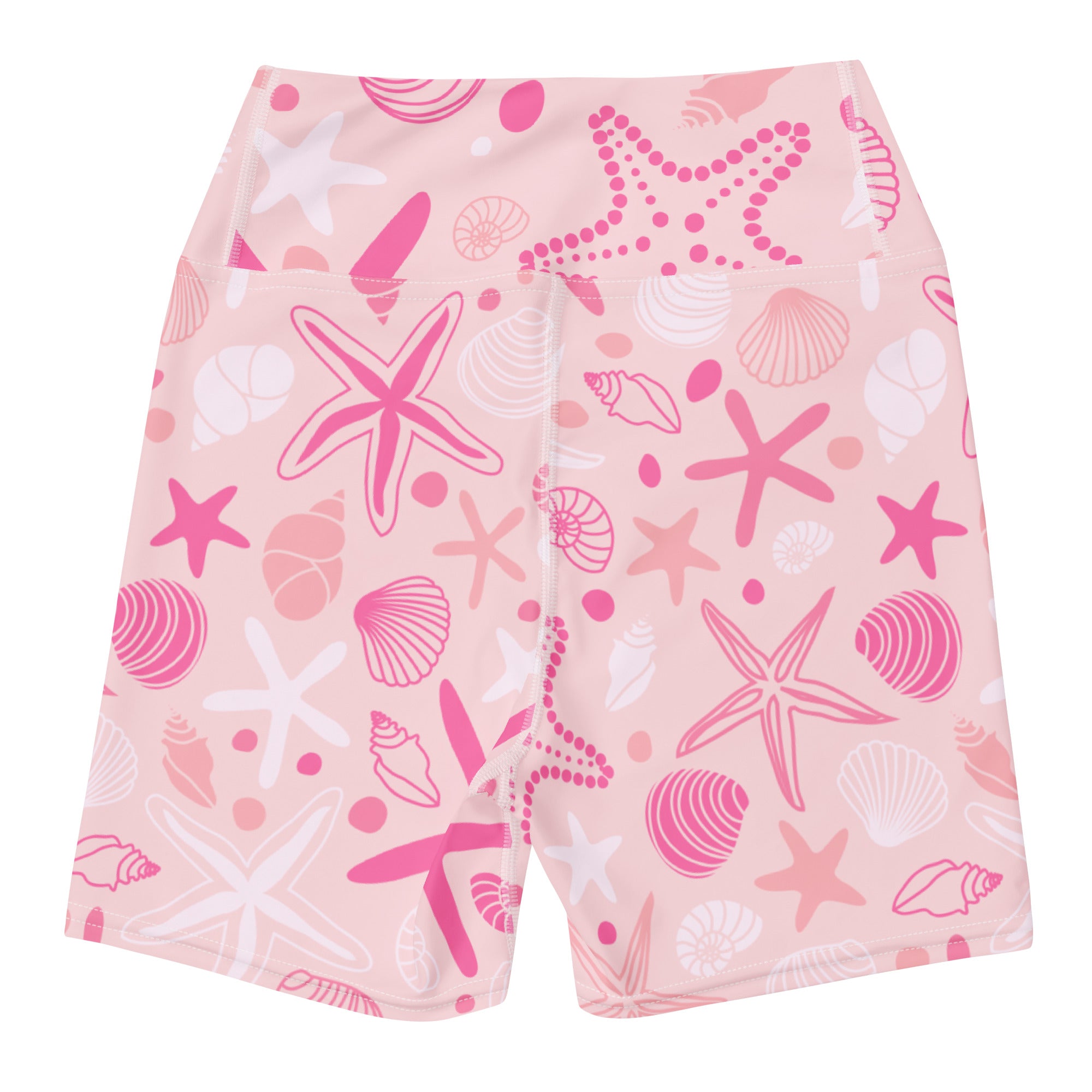 Women’s pink and white seashell patterned high waisted buttery soft yoga shorts for active wear