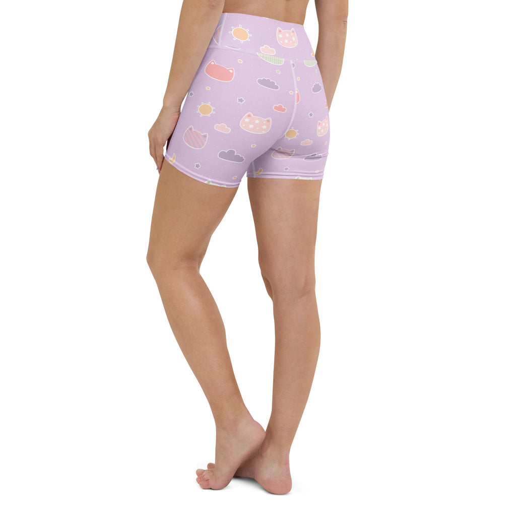 Lavender high-waisted yoga shorts with pastel kawaii cats clouds and suns pattern buttery soft activewear