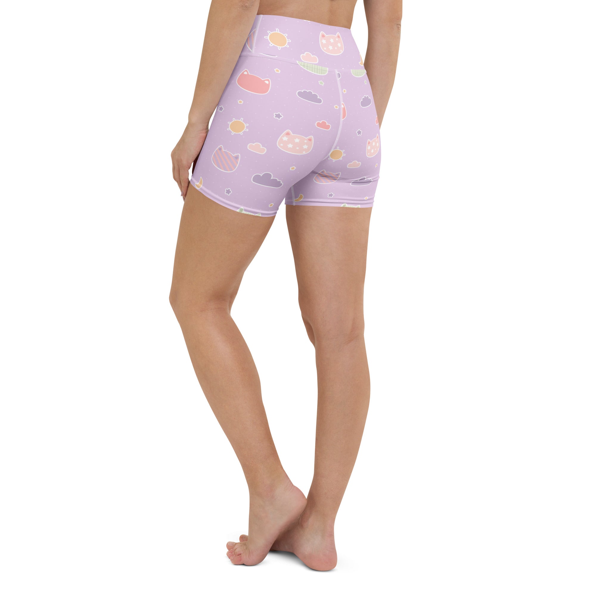 Lavender high-waisted yoga shorts with pastel kawaii cats clouds and suns pattern buttery soft activewear