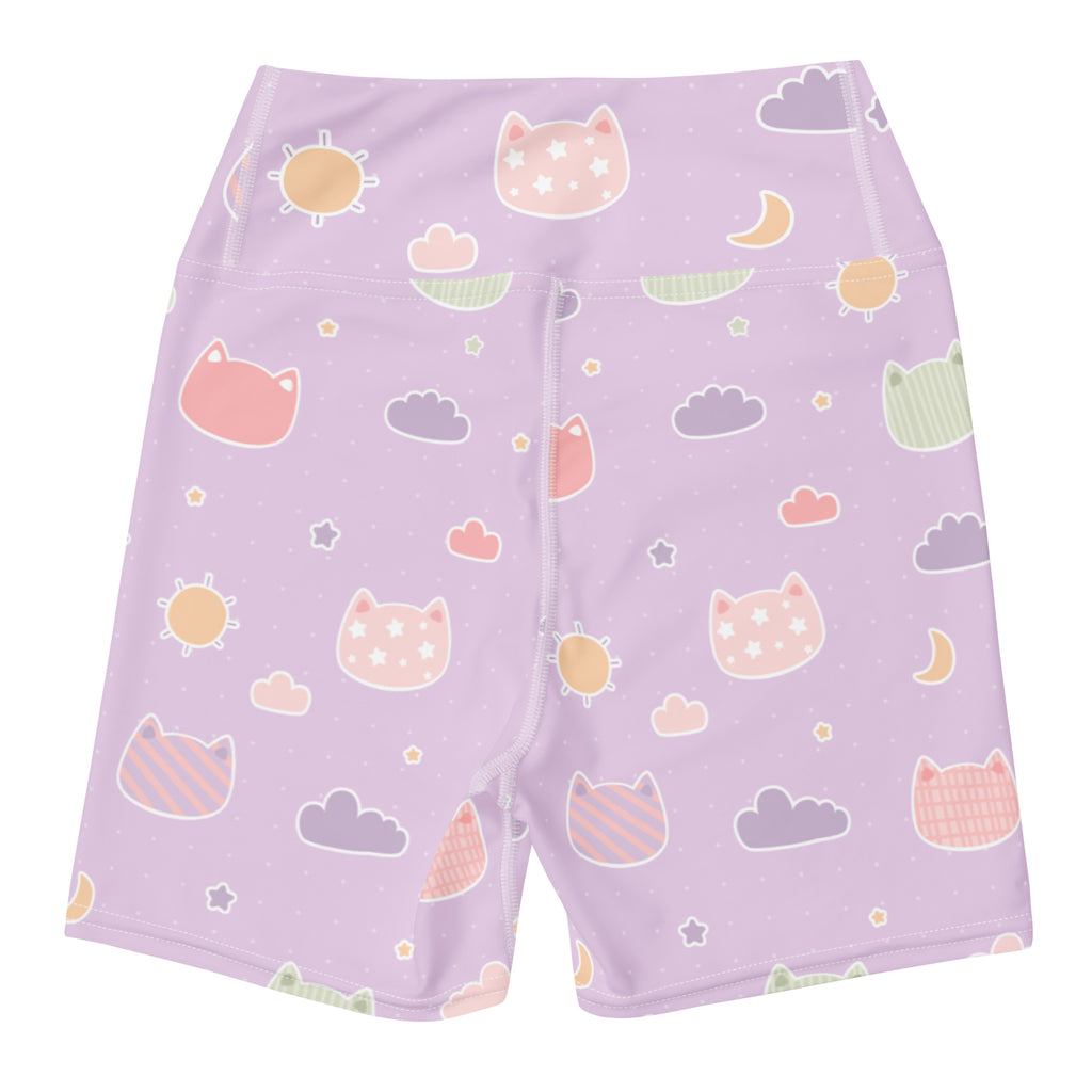 Women’s pastel purple high waisted buttery soft yoga shorts with playful pastel cats suns and clouds pattern
