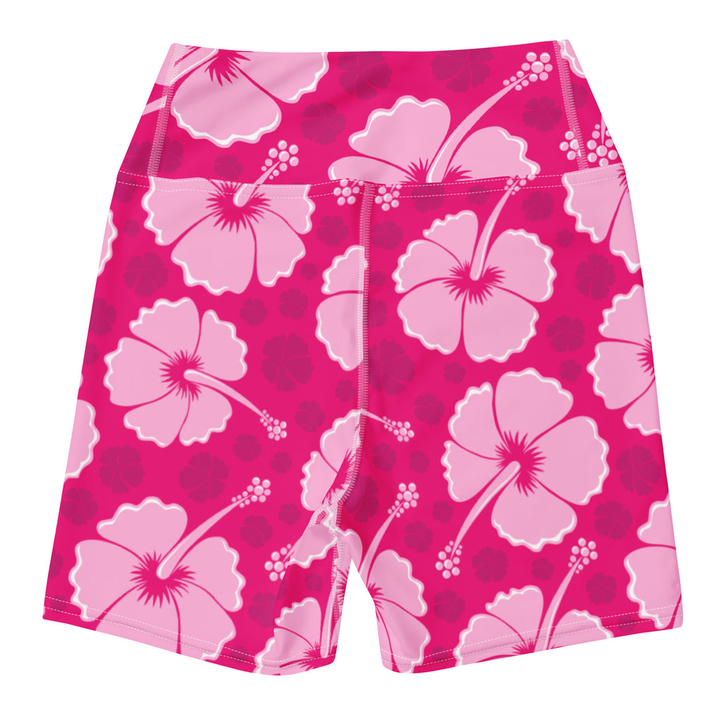 Women’s tropical pink hibiscus high waisted yoga shorts made of stretchy buttery soft athletic fabric
