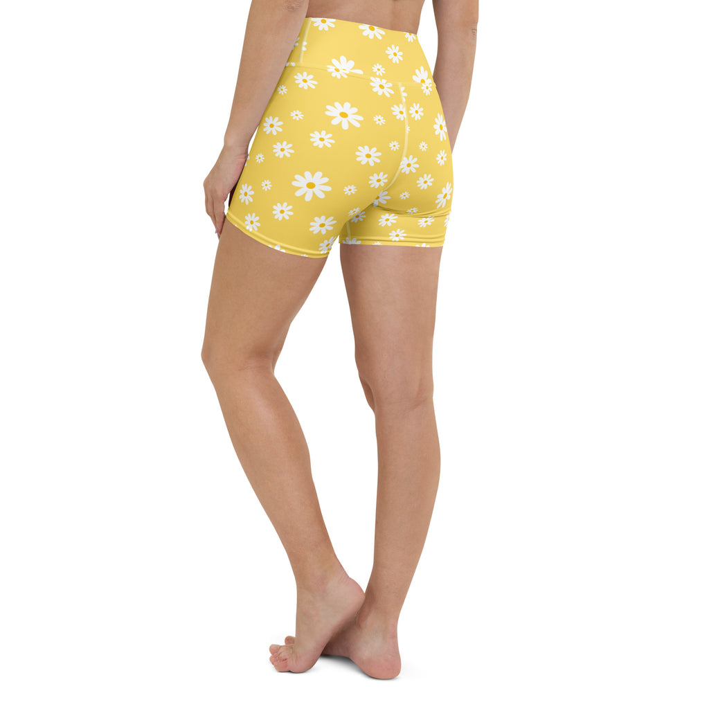 Women’s Yellow Daisy Yoga Shorts – High Waisted Buttery Soft Active Pants