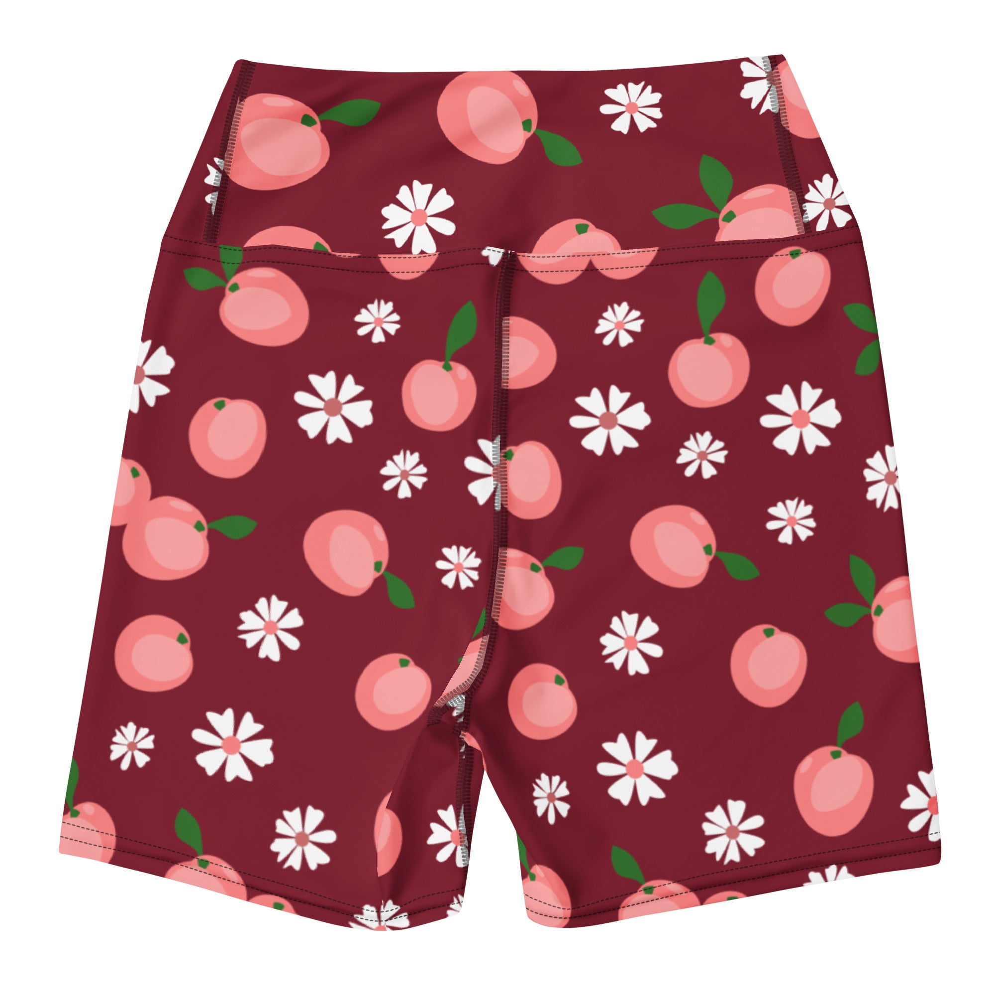 Women’s peach floral yoga shorts in maroon with pink peaches and white daisies high waisted buttery soft active pants