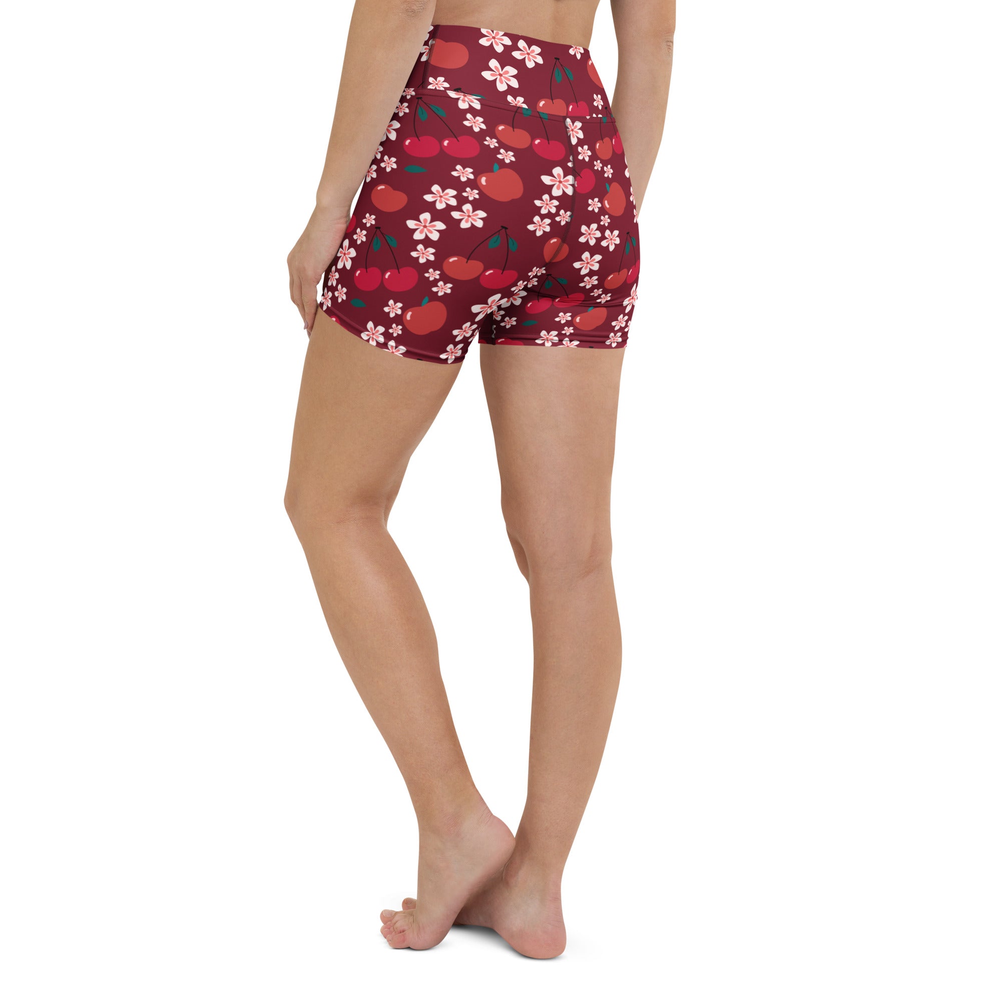 Women’s cherry blossom yoga shorts high waisted maroon with red cherry and white blossom pattern buttery soft fabric