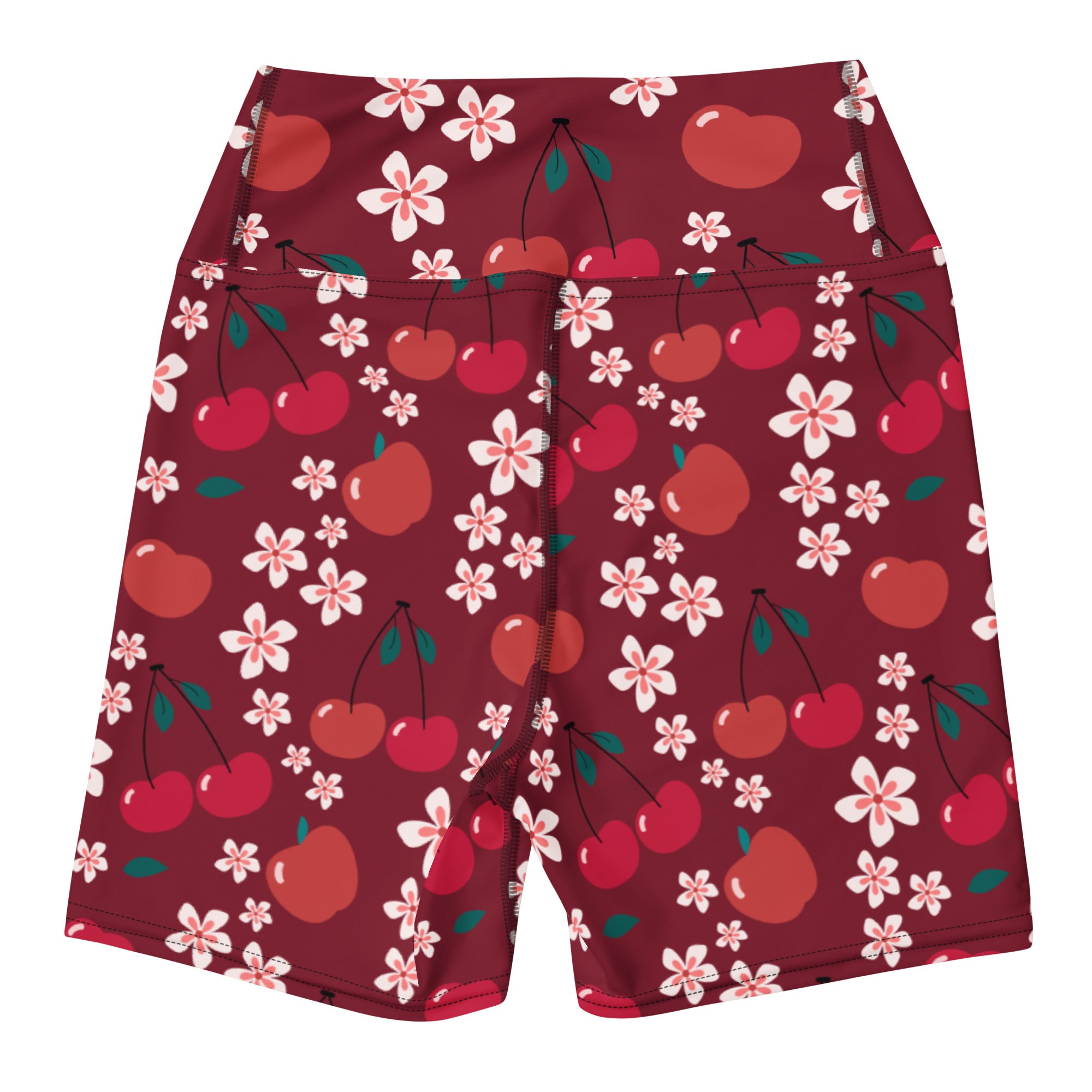 Women’s maroon high waisted buttery soft yoga shorts with red cherry and white blossom pattern