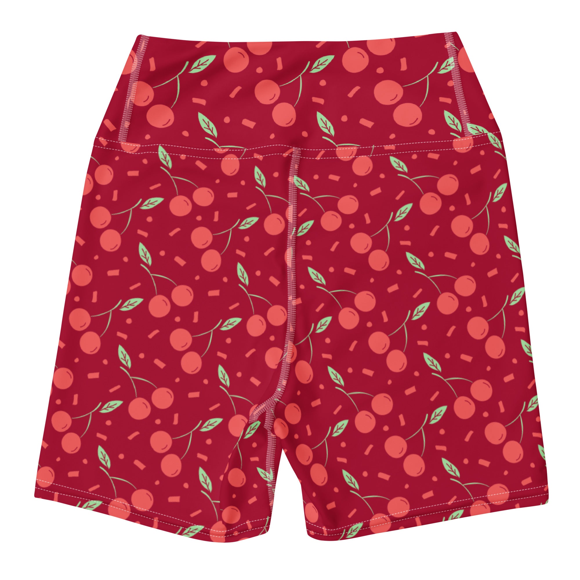 Women’s red cherry print high waisted buttery soft yoga shorts with green leaves and confetti accents