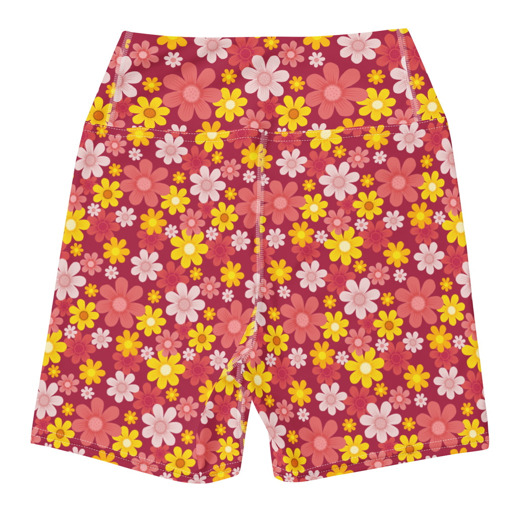 Women’s high waisted buttery soft active shorts in red with vibrant yellow pink and white daisy floral pattern