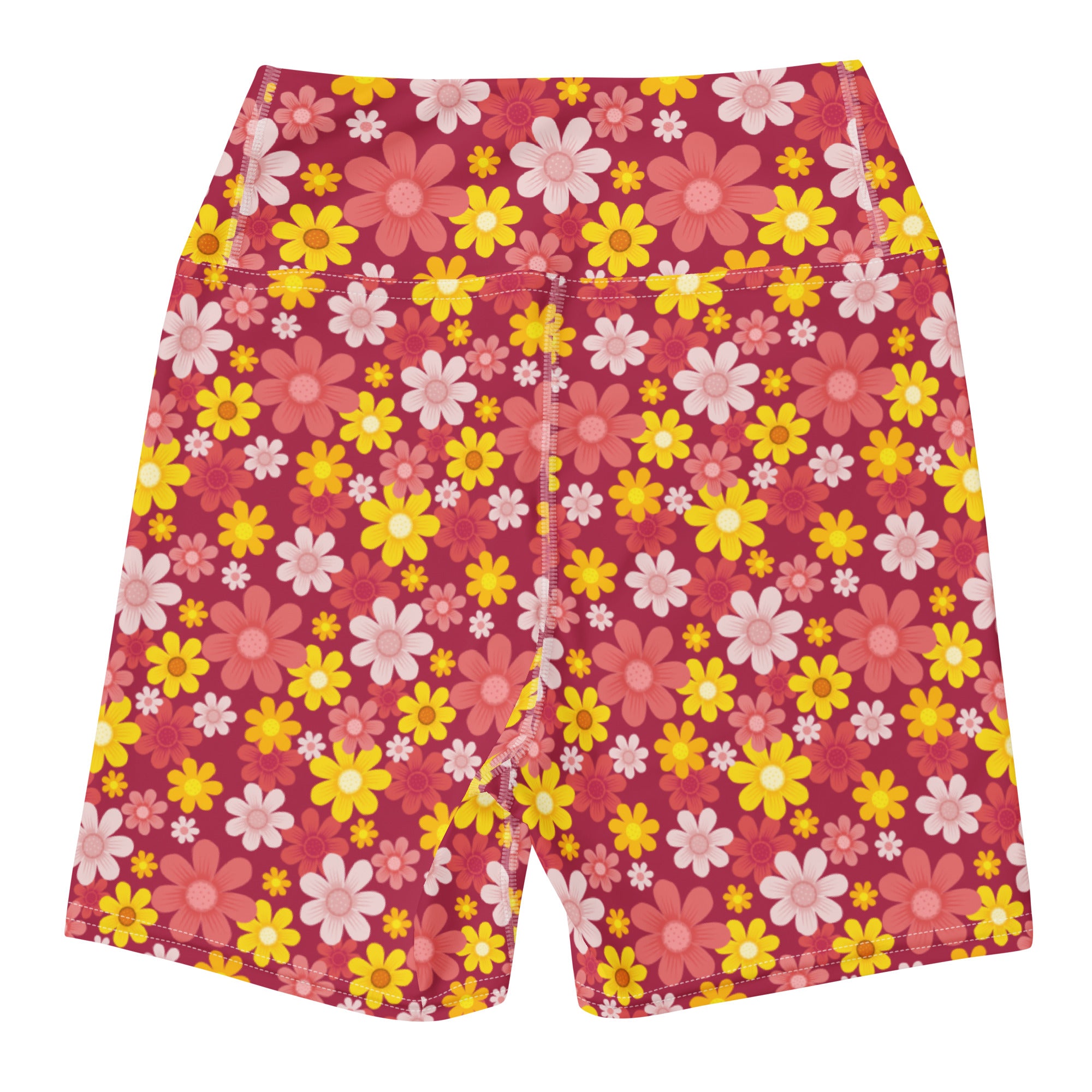 Women’s high waisted buttery soft active shorts in red with vibrant yellow pink and white daisy floral pattern