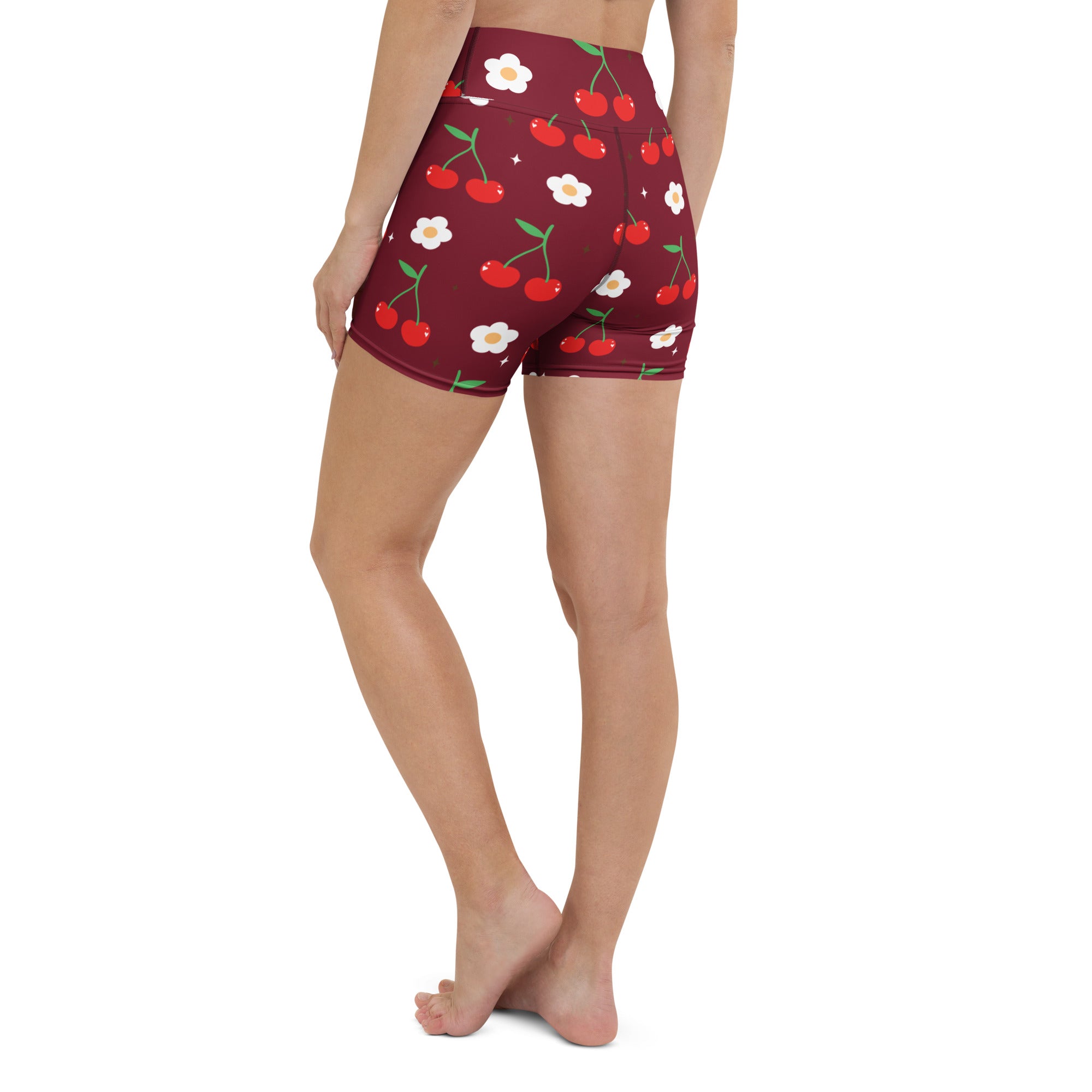 Women’s maroon high waisted buttery soft yoga shorts with playful red cherry and white daisy pattern