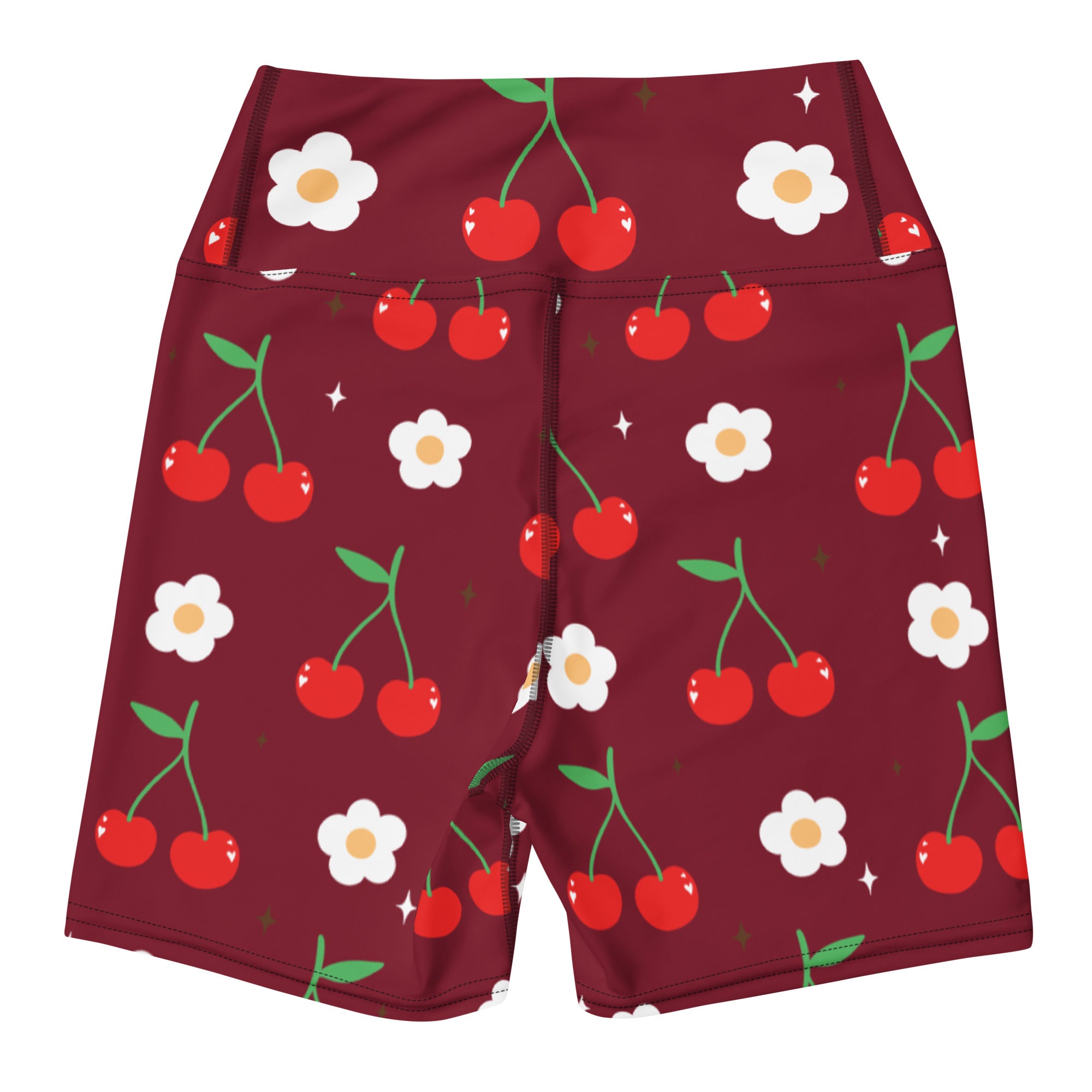 Women’s high waisted buttery soft maroon yoga shorts with cherry and daisy pattern on dark background