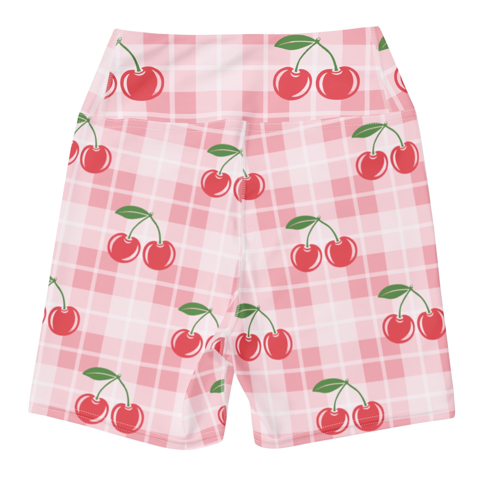Women’s pink gingham cherry yoga shorts with playful red cherry pattern high waisted buttery soft active pants