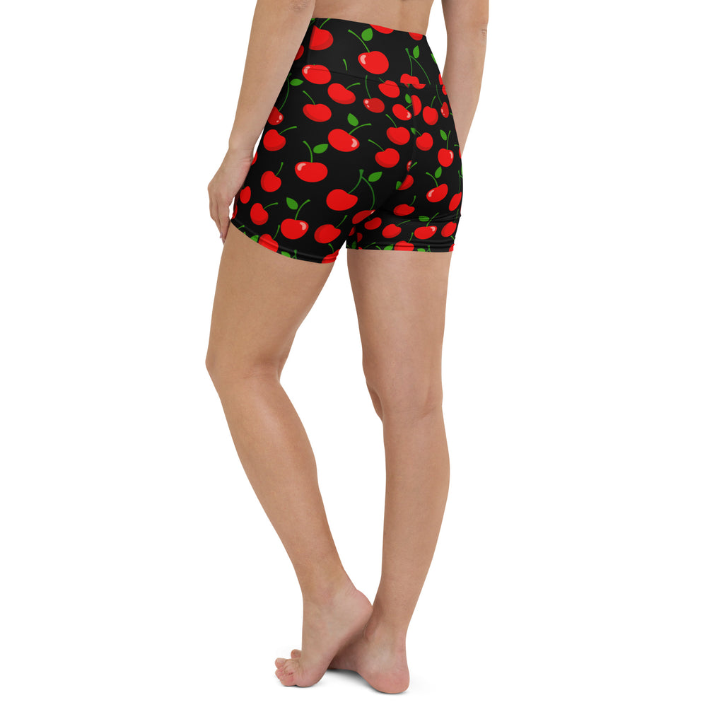 Women’s cherry yoga shorts high waisted black buttery soft active pants with vibrant red cherry pattern and green stems