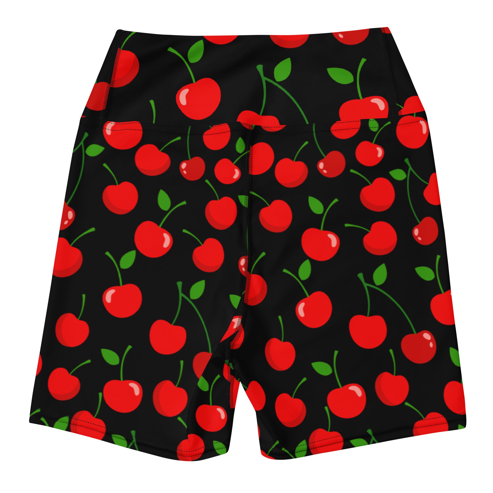 Women’s high waisted buttery soft black yoga shorts with vibrant red cherry pattern and green stems and leaves