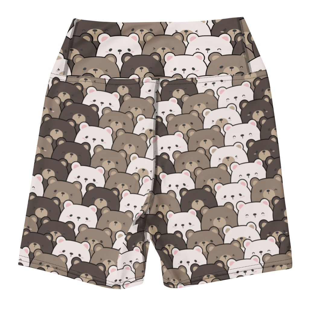 Women’s high waisted buttery soft bear face yoga shorts with playful brown and white cartoon bear pattern