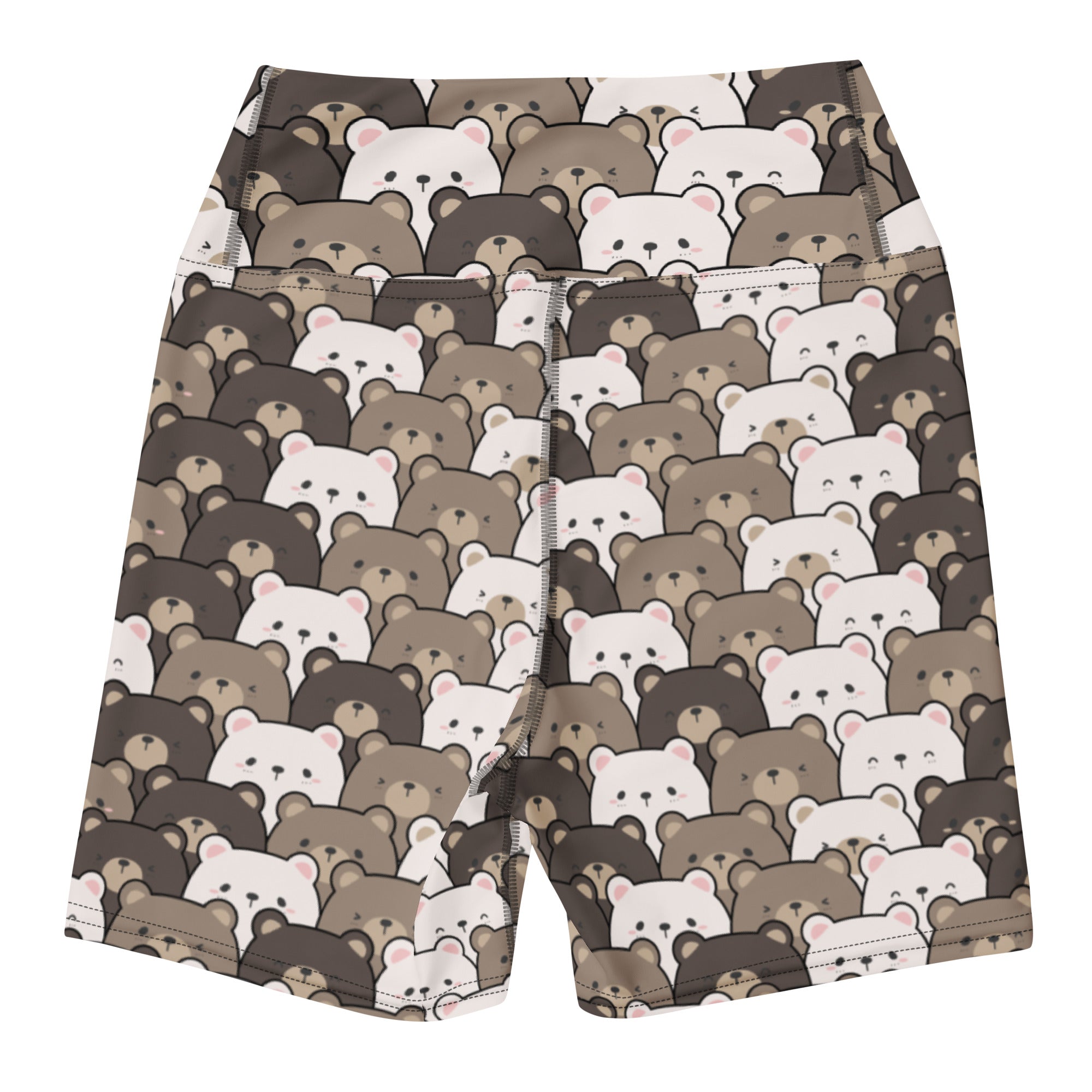 Women’s high waisted buttery soft bear face yoga shorts with playful brown and white cartoon bear pattern