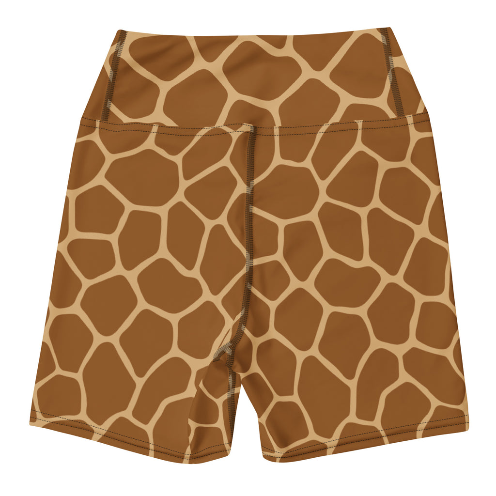 Women’s giraffe print yoga shorts high waisted buttery soft brown and beige athletic pants front view