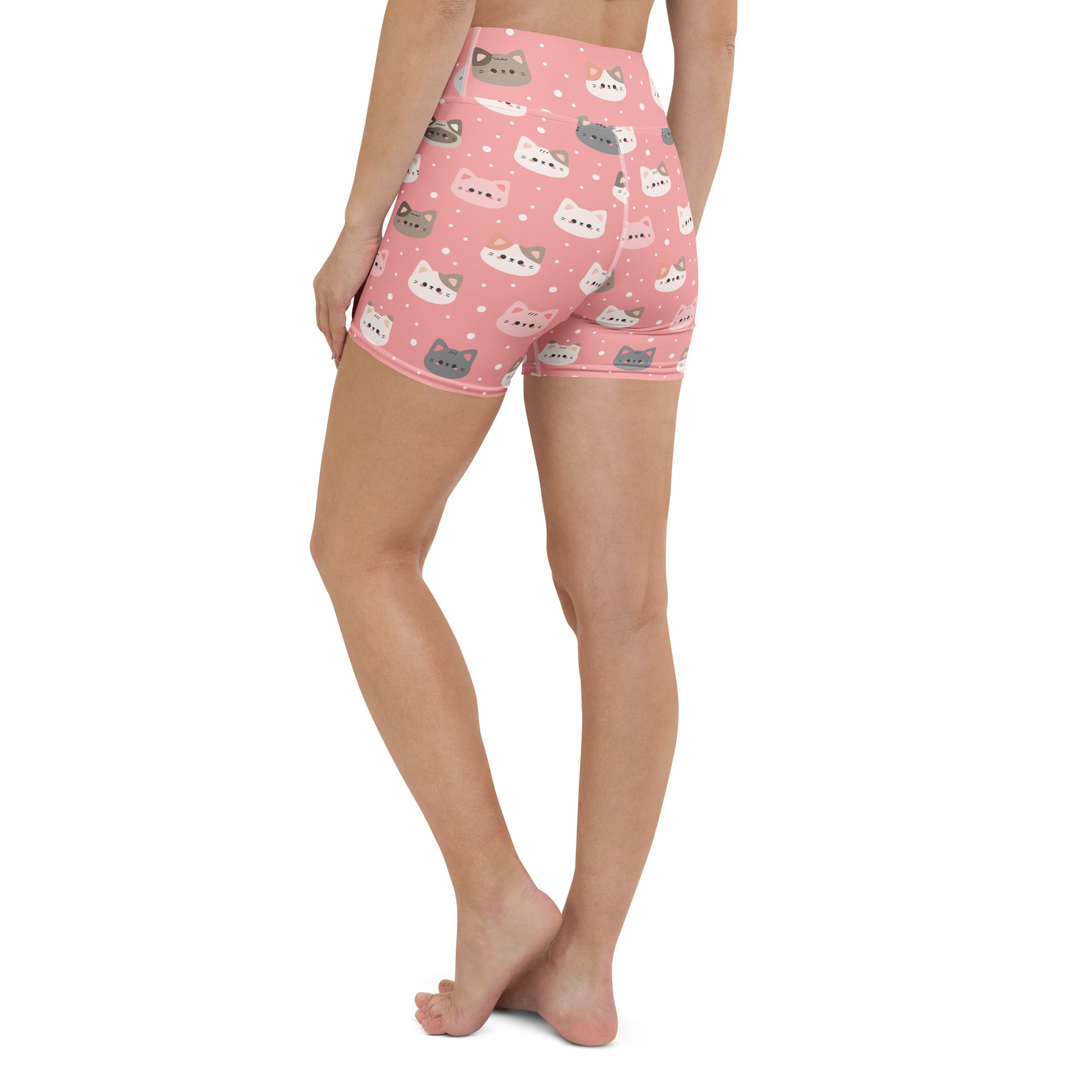 Women’s cute pink high waisted yoga shorts with gray and white cartoon cat faces and star accents in buttery soft fabric