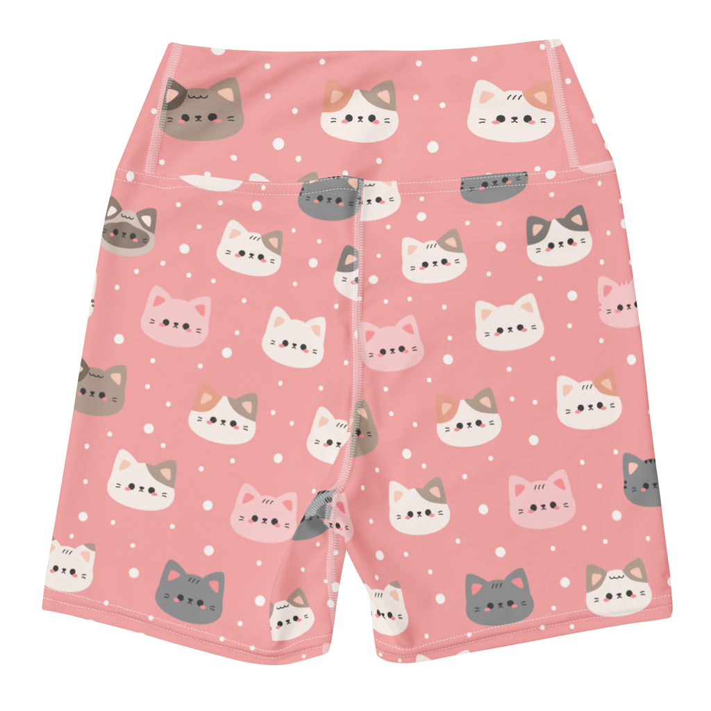 Women’s cute pink cat faces high waisted buttery soft yoga shorts with playful white gray and pink cartoon cats on dotted background