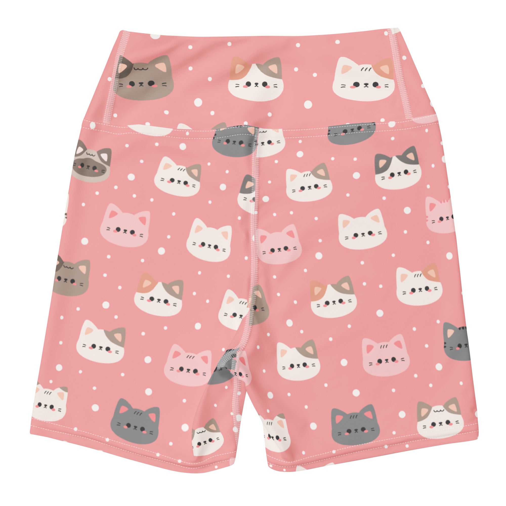 Women’s cute pink cat faces high waisted buttery soft yoga shorts with playful white gray and pink cartoon cats on dotted background