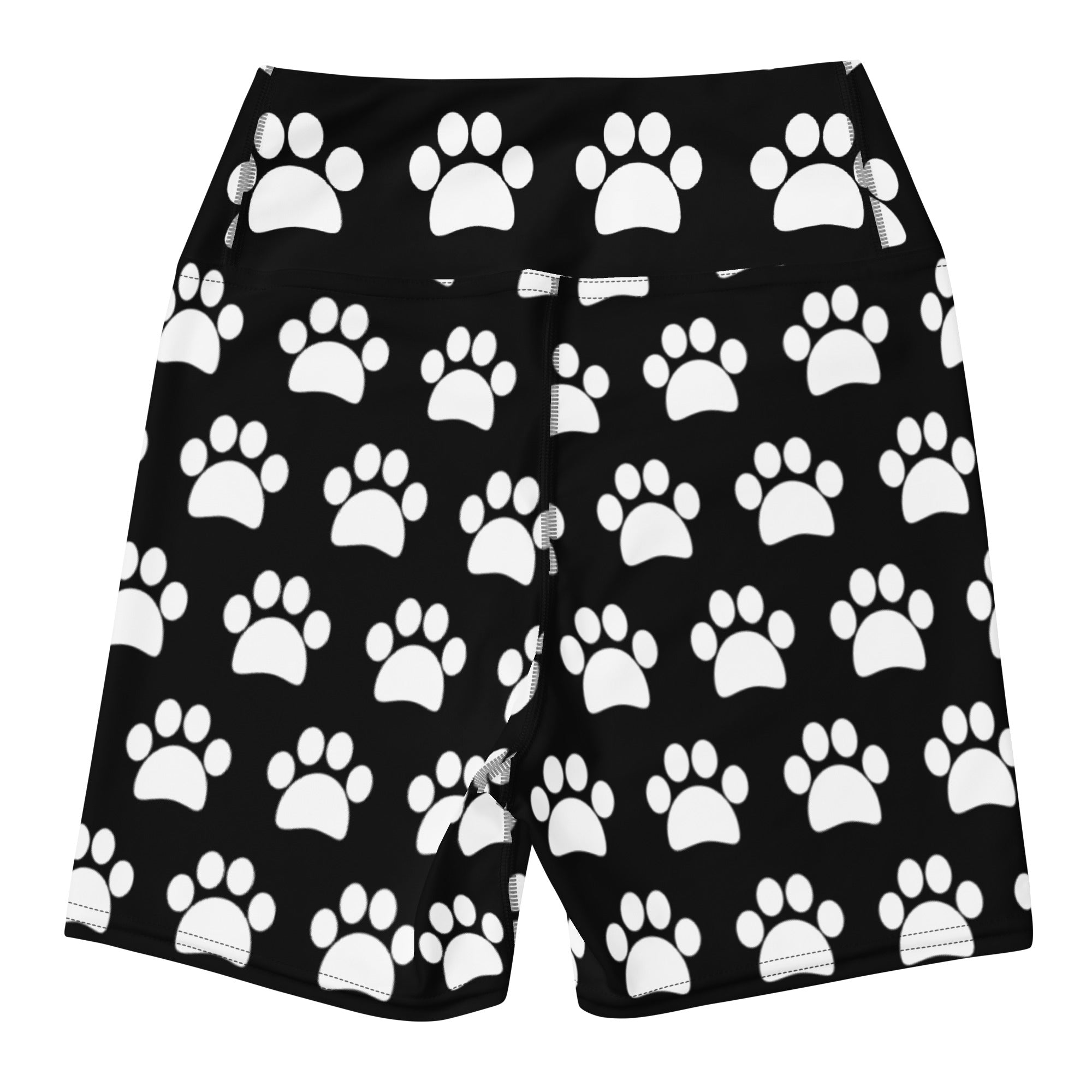 Women’s black high waisted buttery soft yoga shorts with a white paw print pattern for active wear