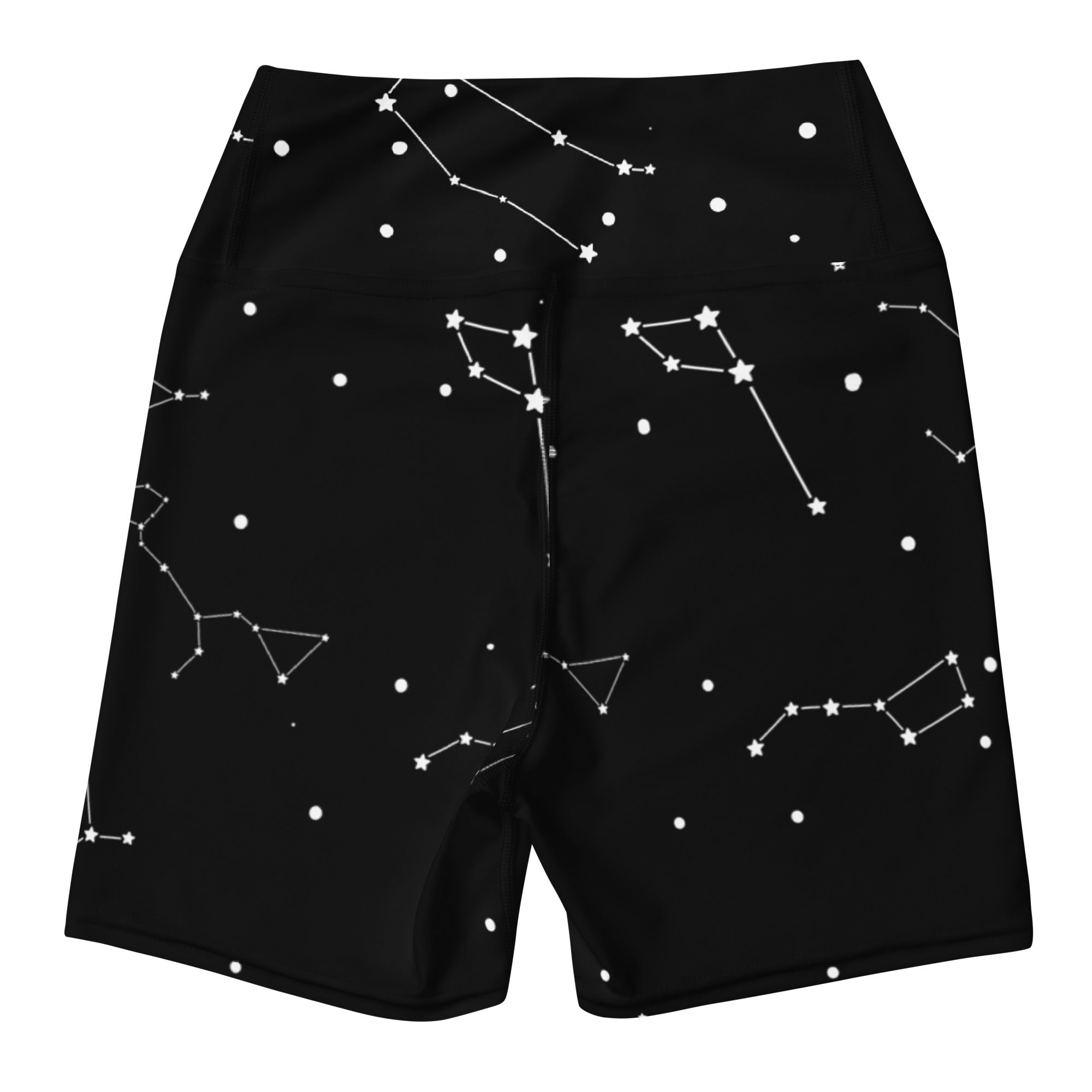 Women’s black high waisted yoga shorts with white realistic constellation pattern and buttery soft fabric