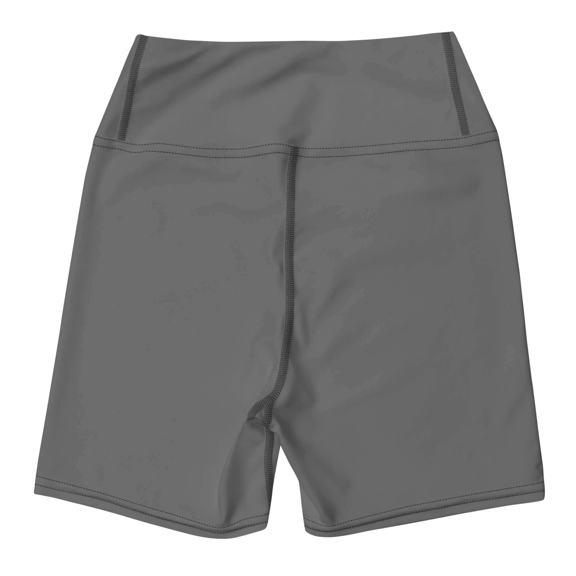 Women’s buttery soft gray high-waisted yoga shorts with smooth stretchy fabric and subtle seam detailing