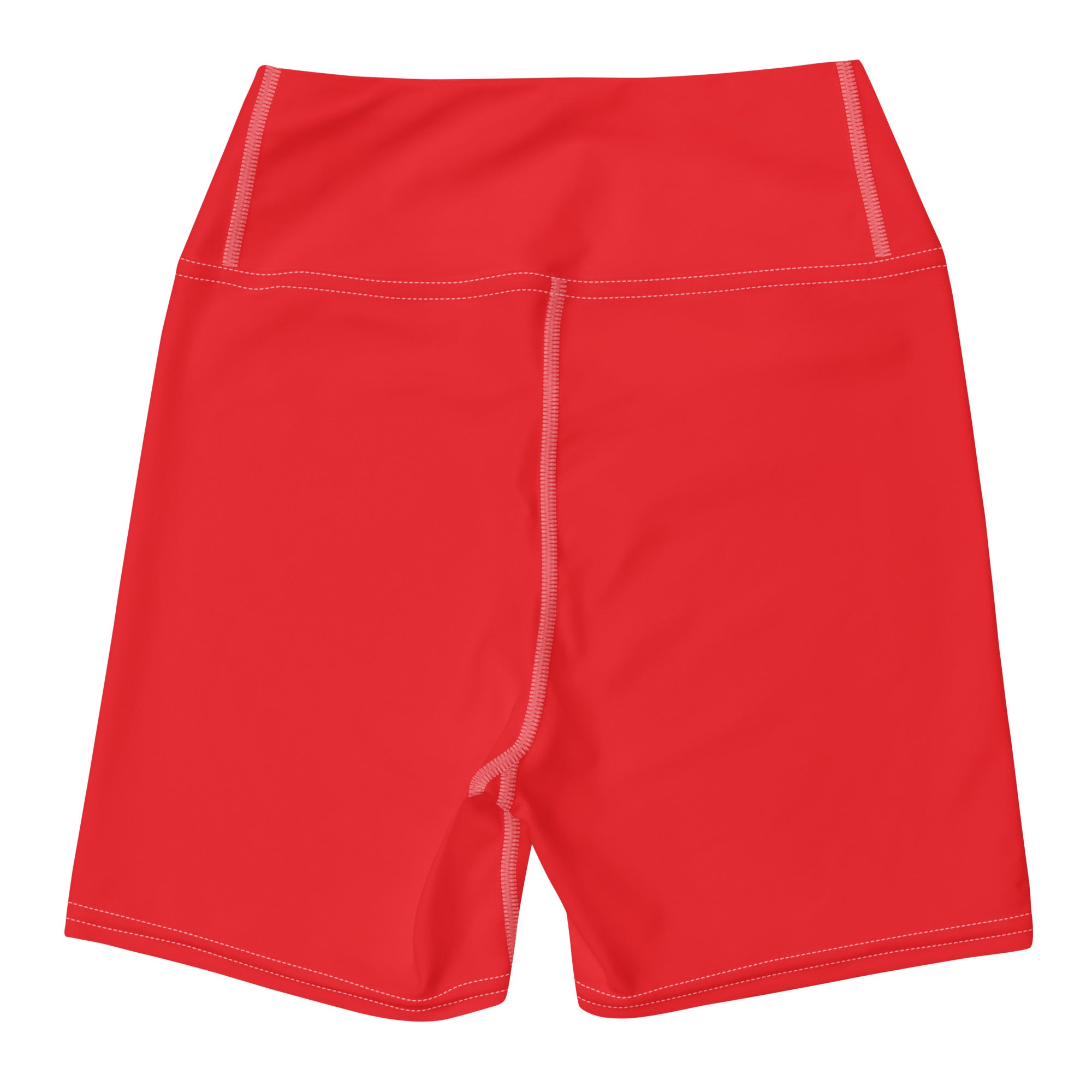 Women’s buttery soft red high waisted yoga shorts with pink stitching and side zipper for active wear