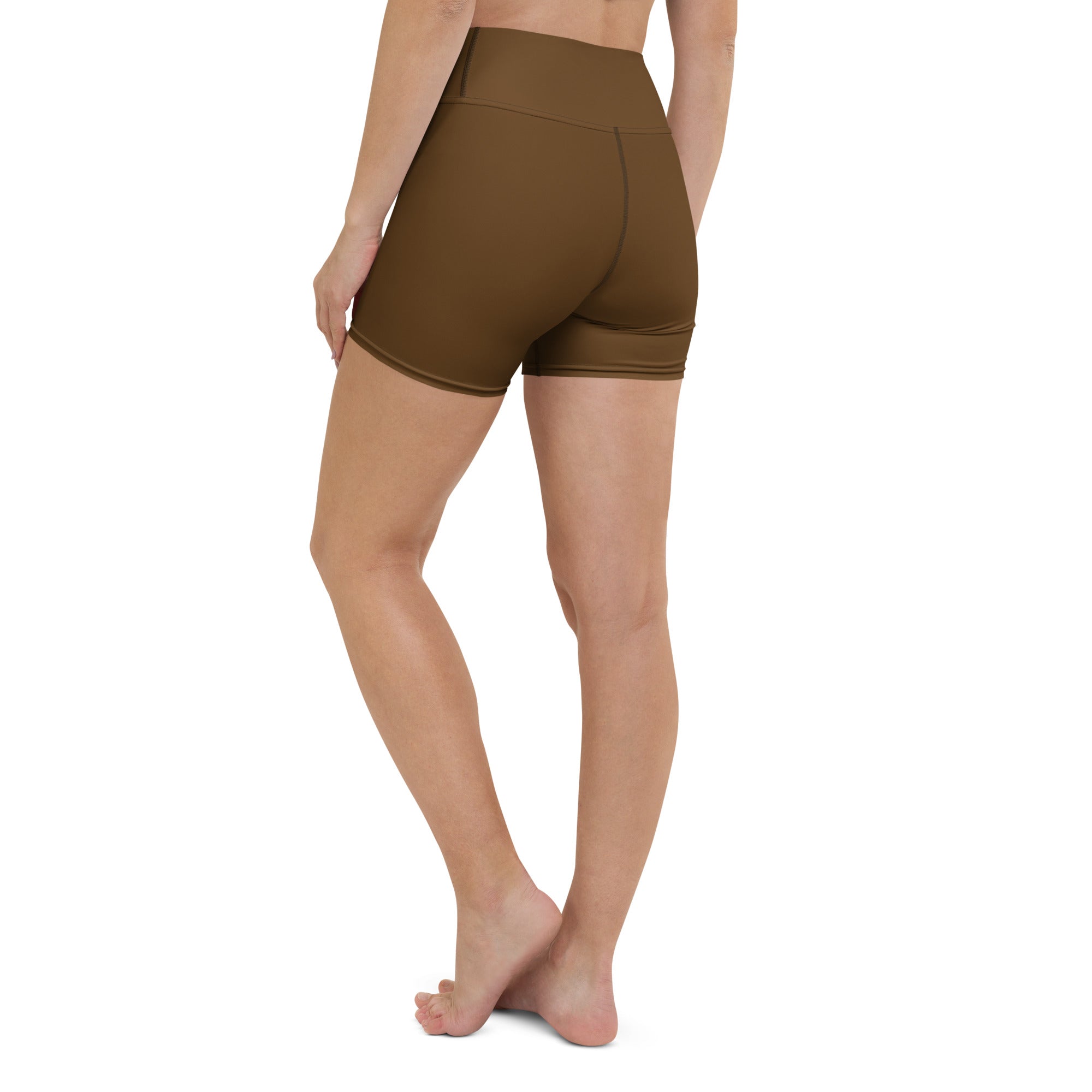 Women’s buttery soft brown high waisted yoga shorts made of soft fabric for comfortable activewear use