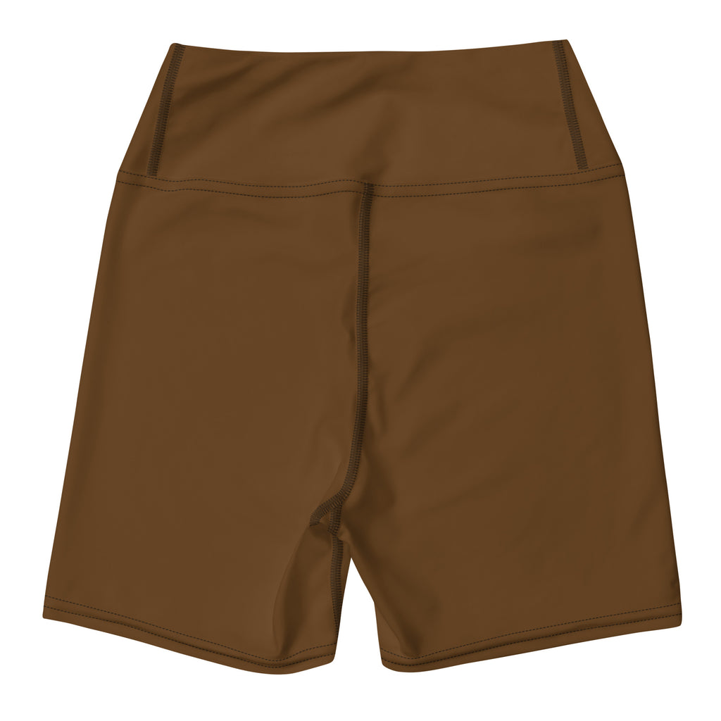 Women’s buttery soft brown high waisted yoga shorts with smooth stretchy fabric and subtle seam detailing