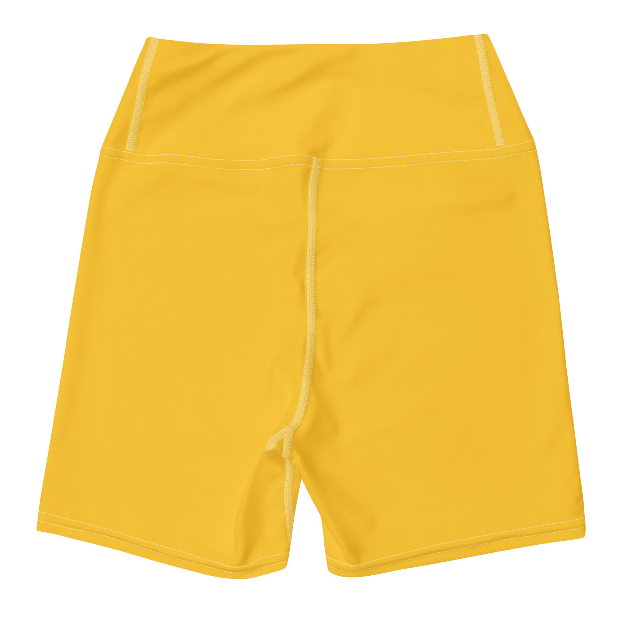 Women’s buttery soft yellow high waisted yoga shorts with smooth stretchy fabric and subtle white seam stitching