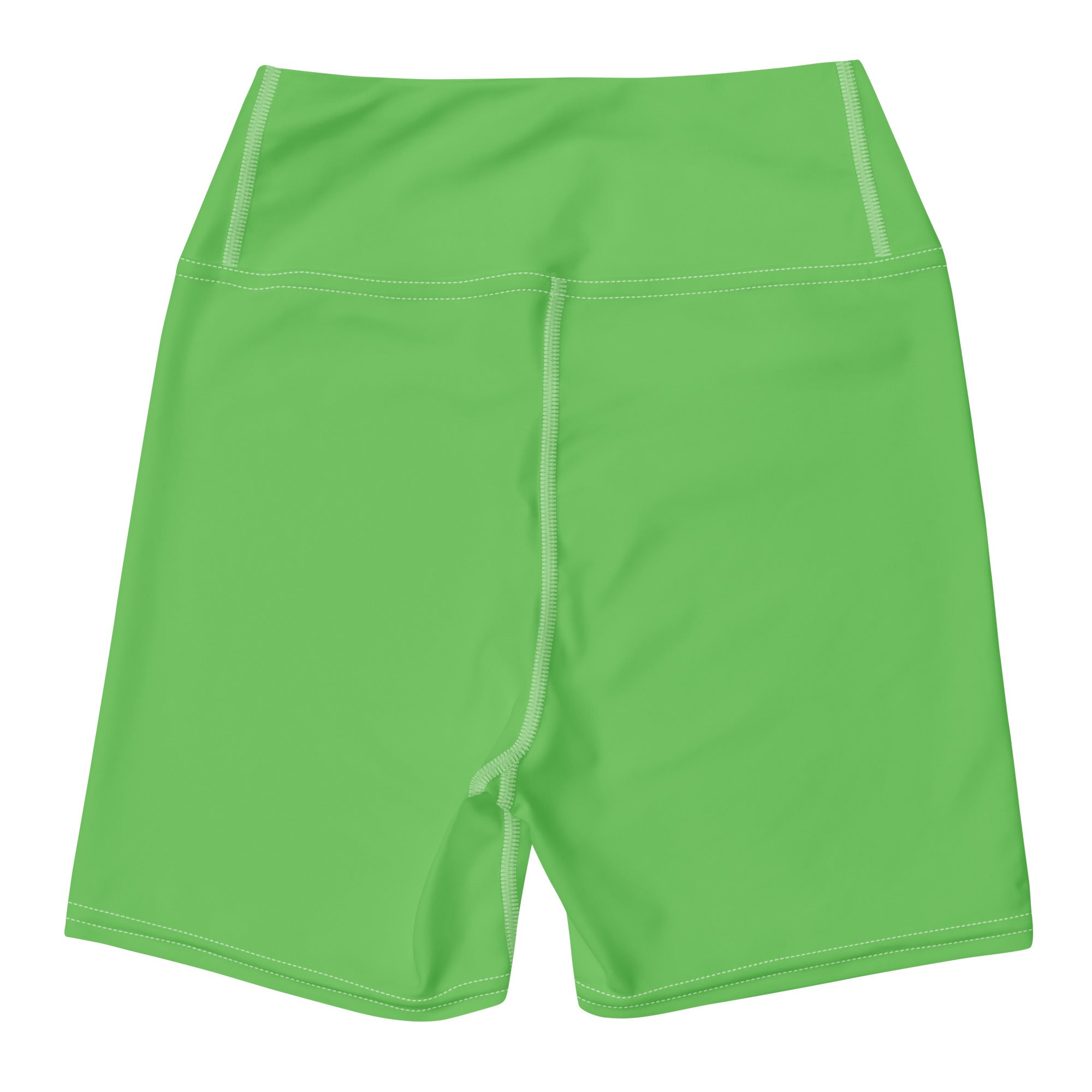 Bright green high waisted buttery soft women’s yoga shorts with matching light colored stitching for active wear