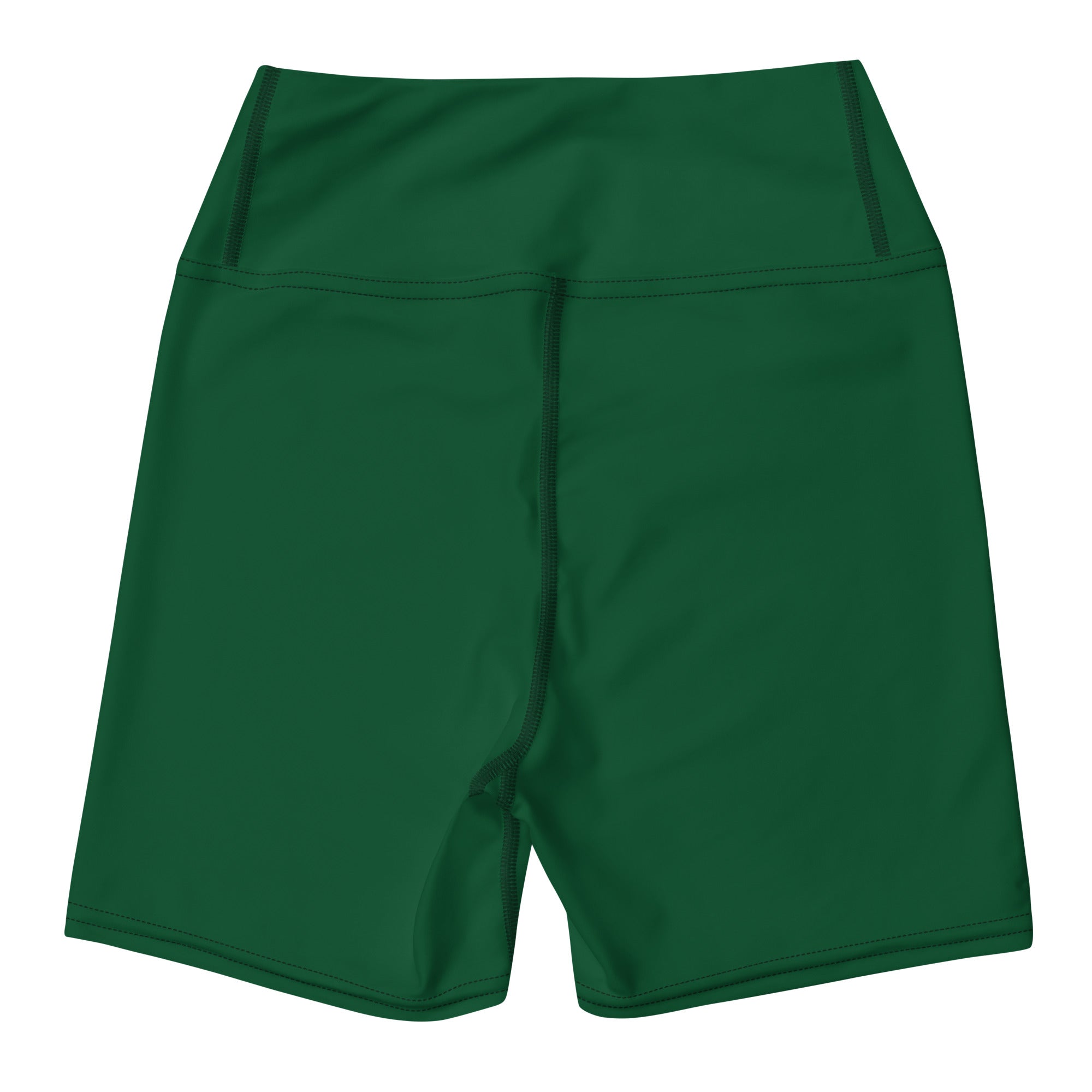 Women’s buttery soft dark green high waisted yoga shorts with smooth stretchy fabric and subtle black seam stitching