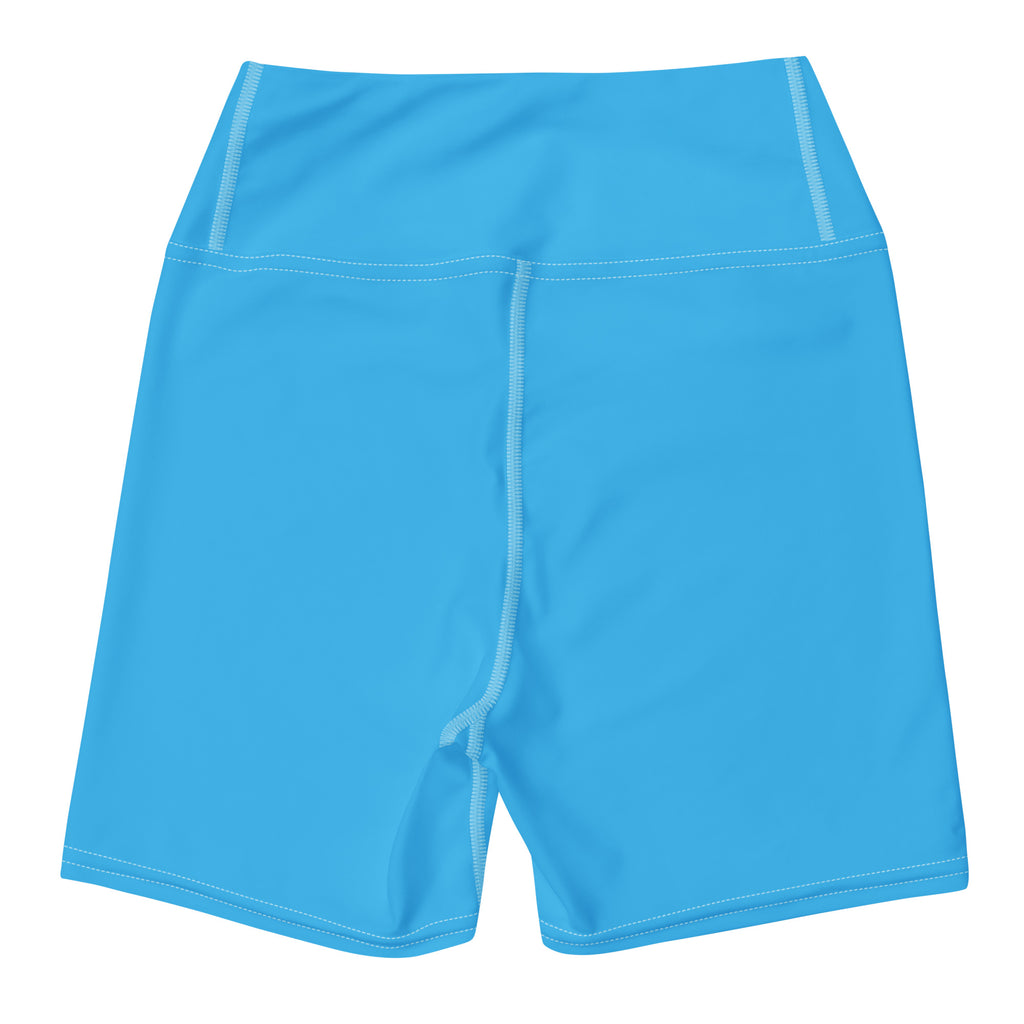 Women’s buttery soft sky blue high waisted athletic yoga shorts with light stitching along the seams