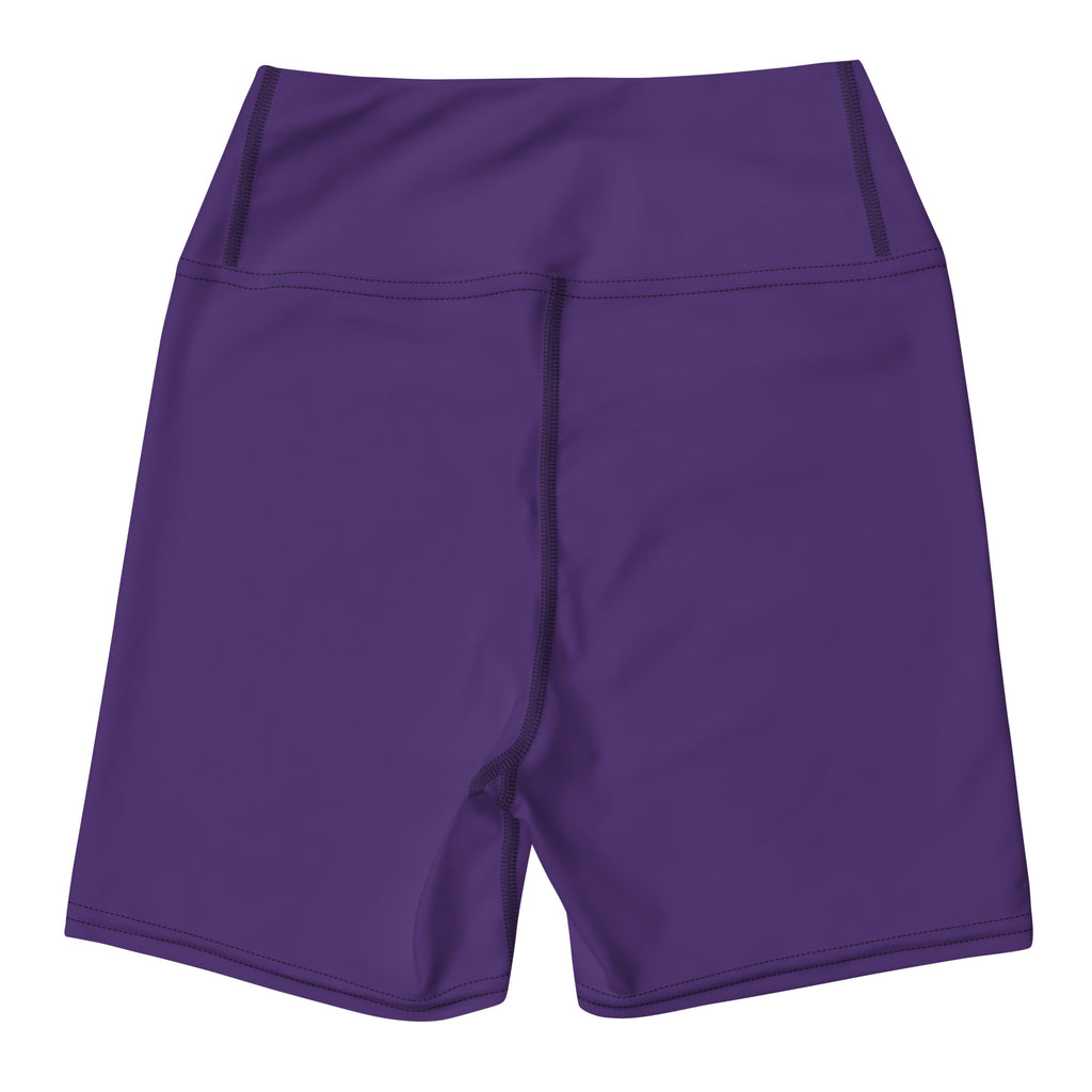 Women’s buttery soft high waisted dark purple yoga shorts with smooth stretchy fabric and subtle black stitching