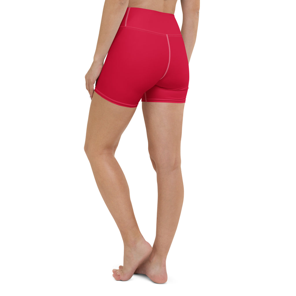 Bright red high waisted buttery soft women’s yoga shorts with a snug form fitting athletic design