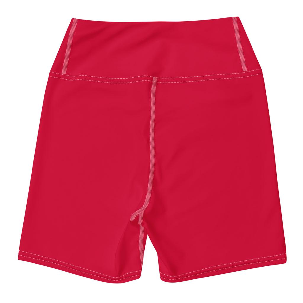 Women’s buttery soft holly red high waisted athletic yoga shorts with white stitching and side zipper detail