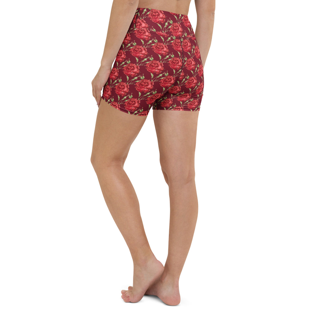 Women’s high waisted buttery soft burgundy rose floral yoga shorts with red rose pattern for activewear