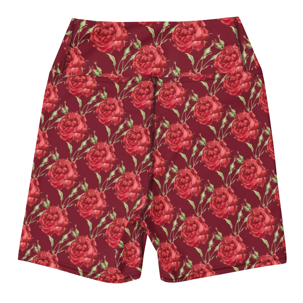 Women’s buttery soft high waisted yoga shorts in burgundy with red rose pattern and green stems
