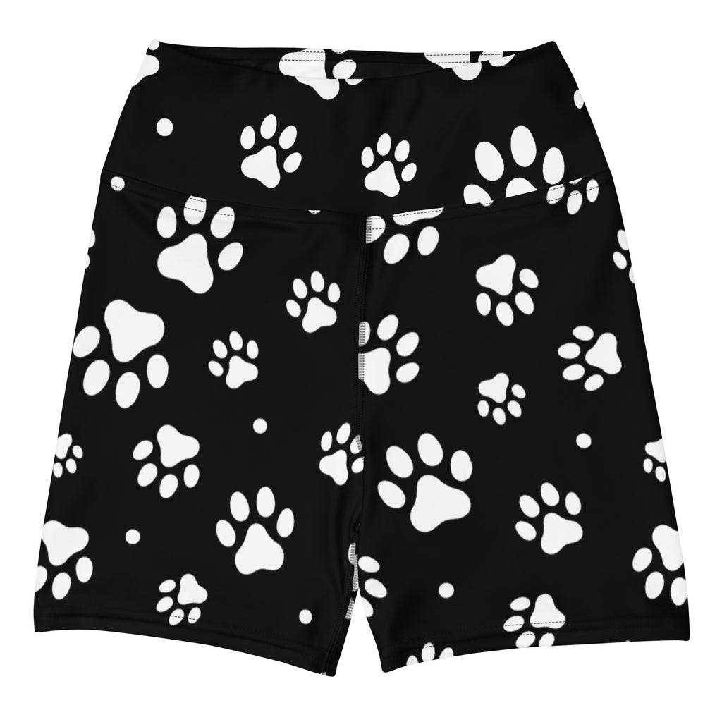 Women’s high waisted buttery soft black yoga shorts with playful white paw print pattern for active wear