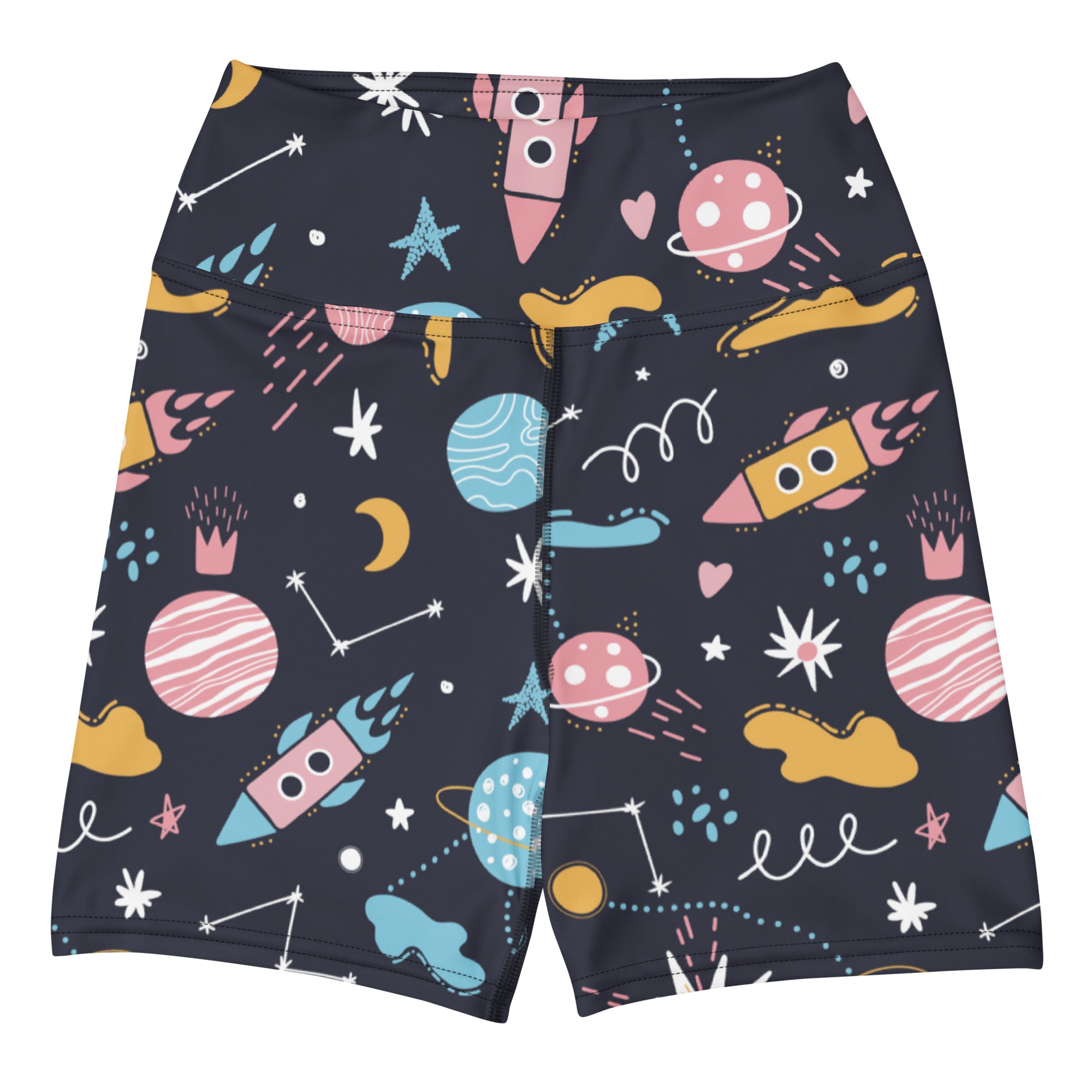 Dark navy high waisted buttery soft women’s yoga shorts with playful pink blue and yellow space rockets and planets pattern
