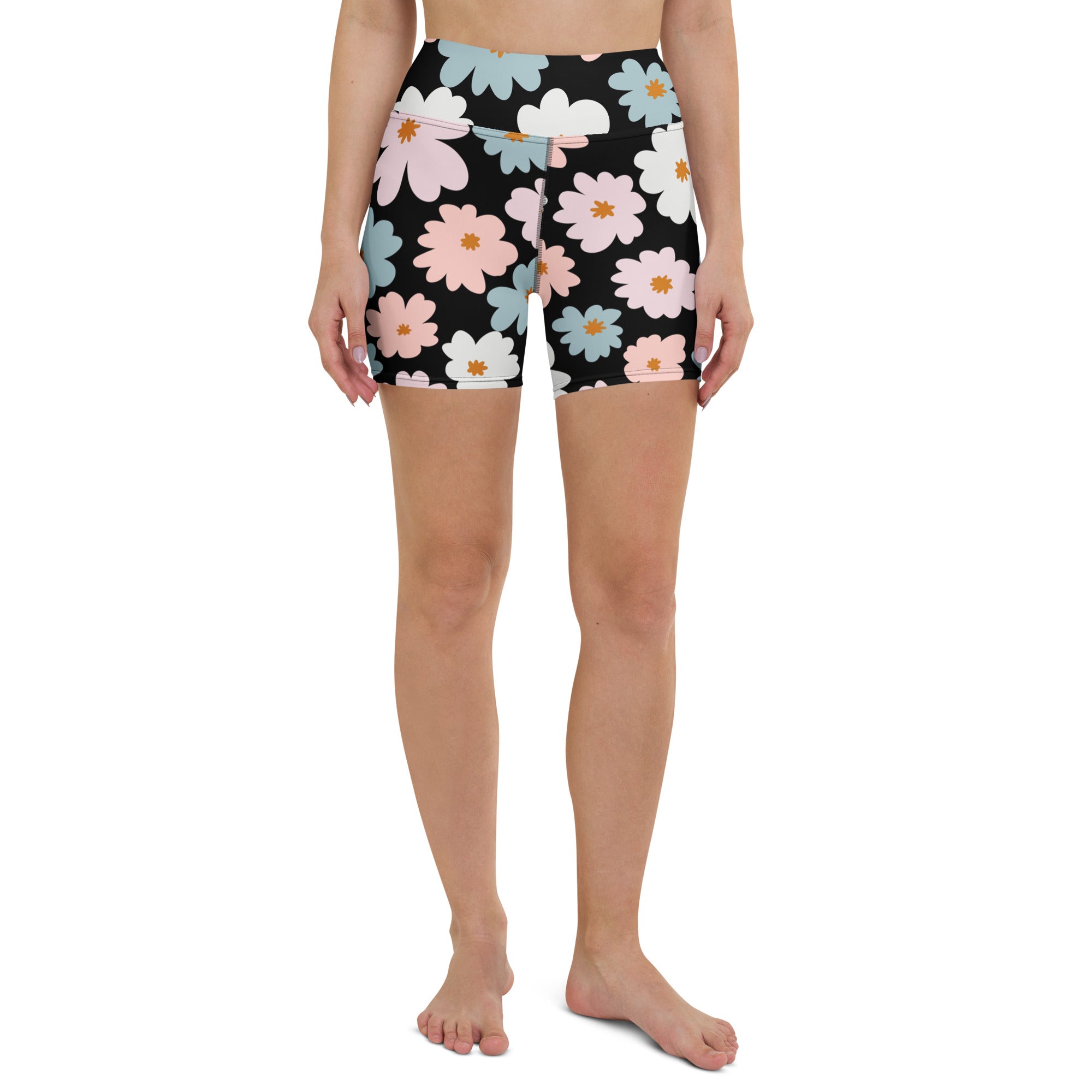 Women’s retro floral black high waisted yoga shorts with pink white and blue daisy pattern buttery soft active pants
