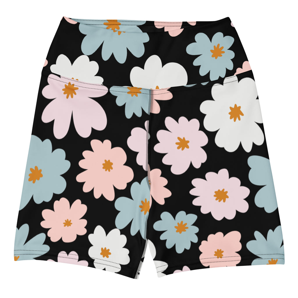 Women’s retro floral high waisted black shorts with pastel pink blue white flowers and orange centers buttery soft