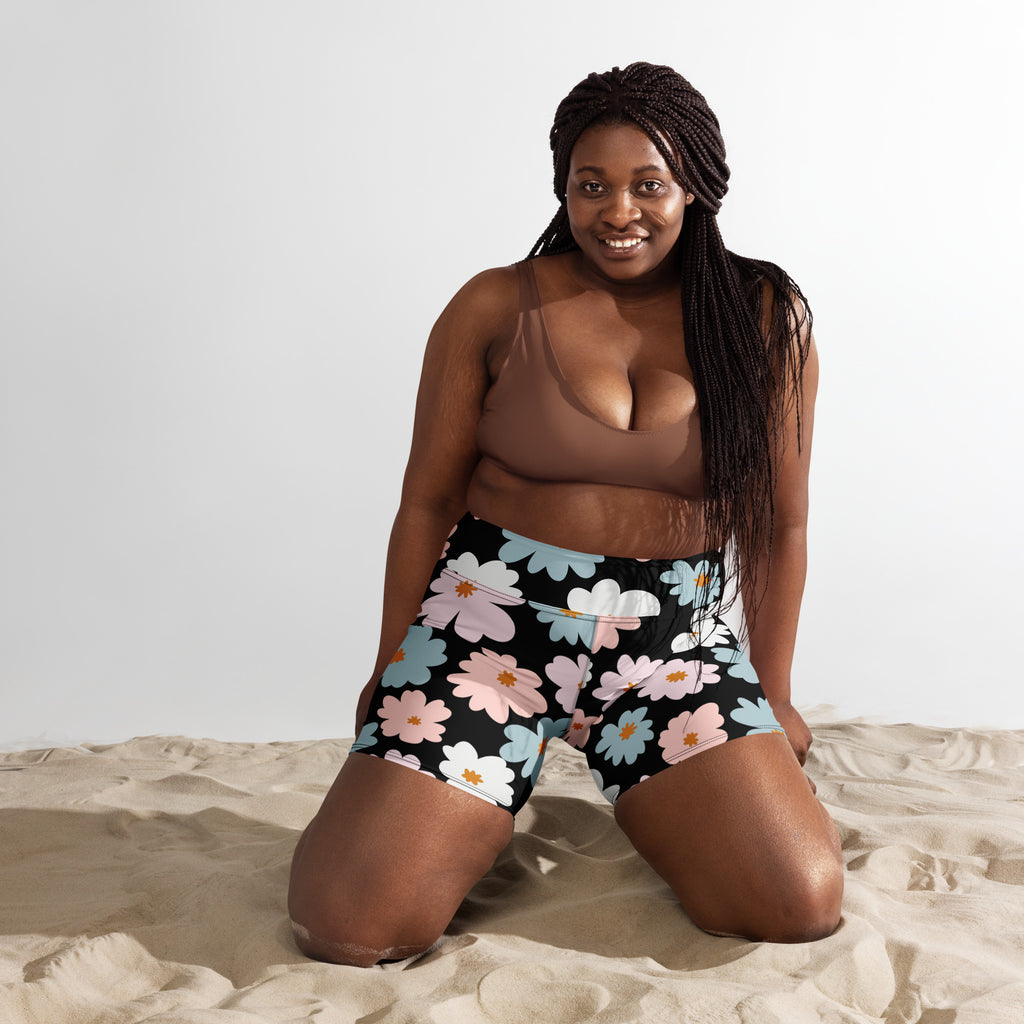 Women’s retro floral yoga shorts high waisted buttery soft black shorts with pink and light blue blossoms